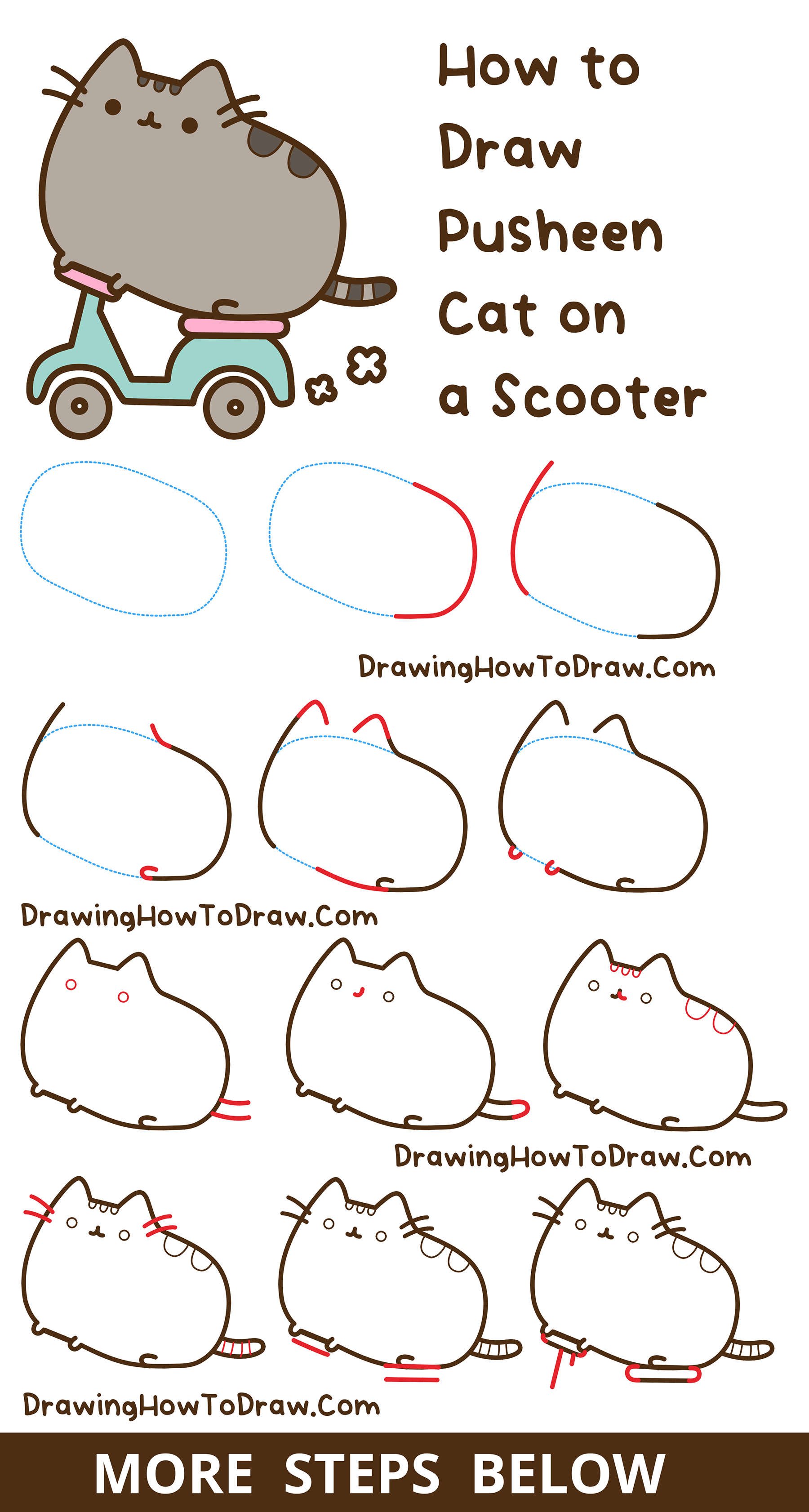 How to Draw Pusheen Cat on a Scooter Kawaii Cute Cat Easy Step-by-Step Drawing Tutorial for Kids