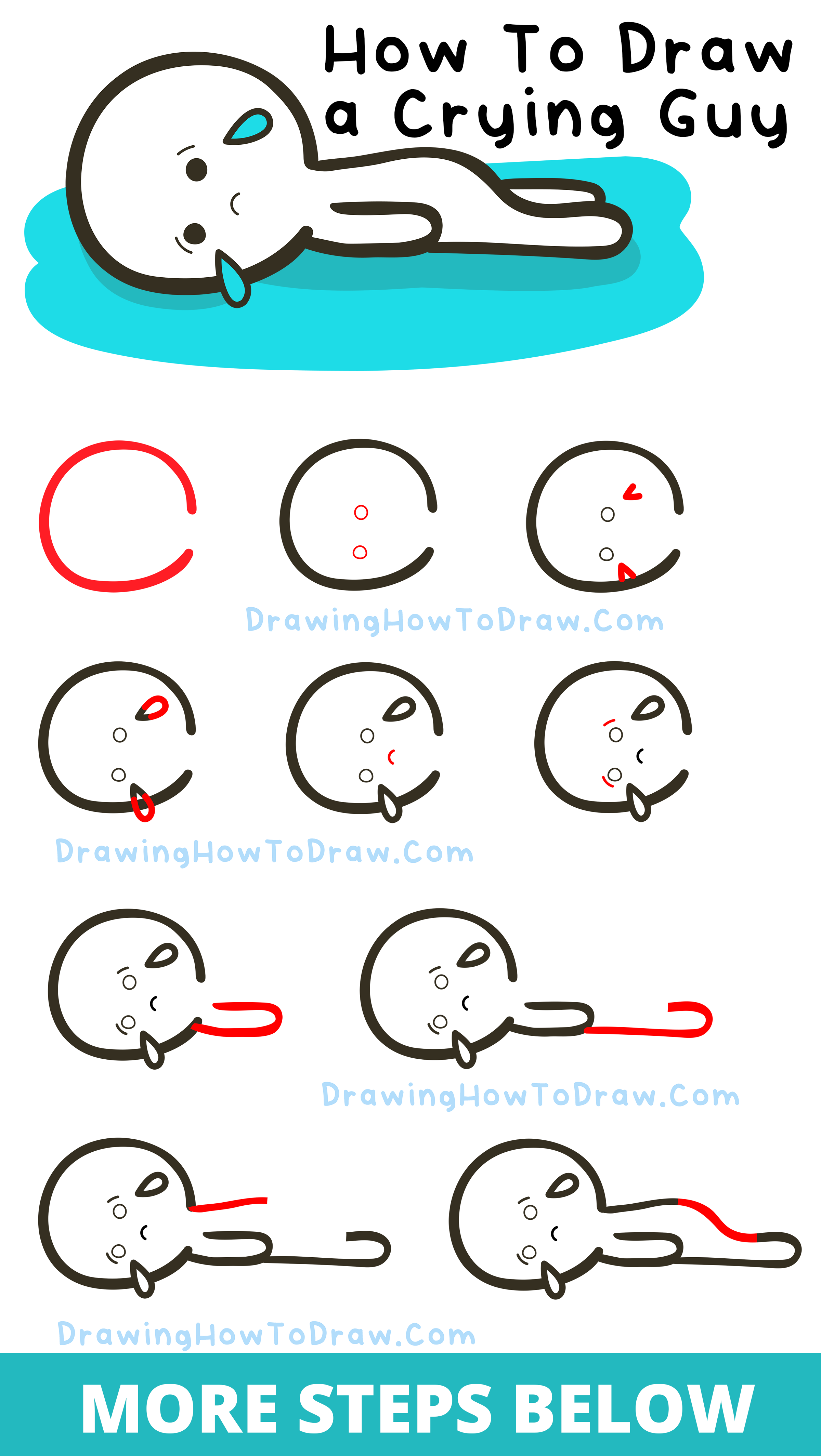 How To Draw Cute Kawaii Cartoon Sad Guy Crying Puddles of Tears Easy Step-by-Step Drawing Tutorial