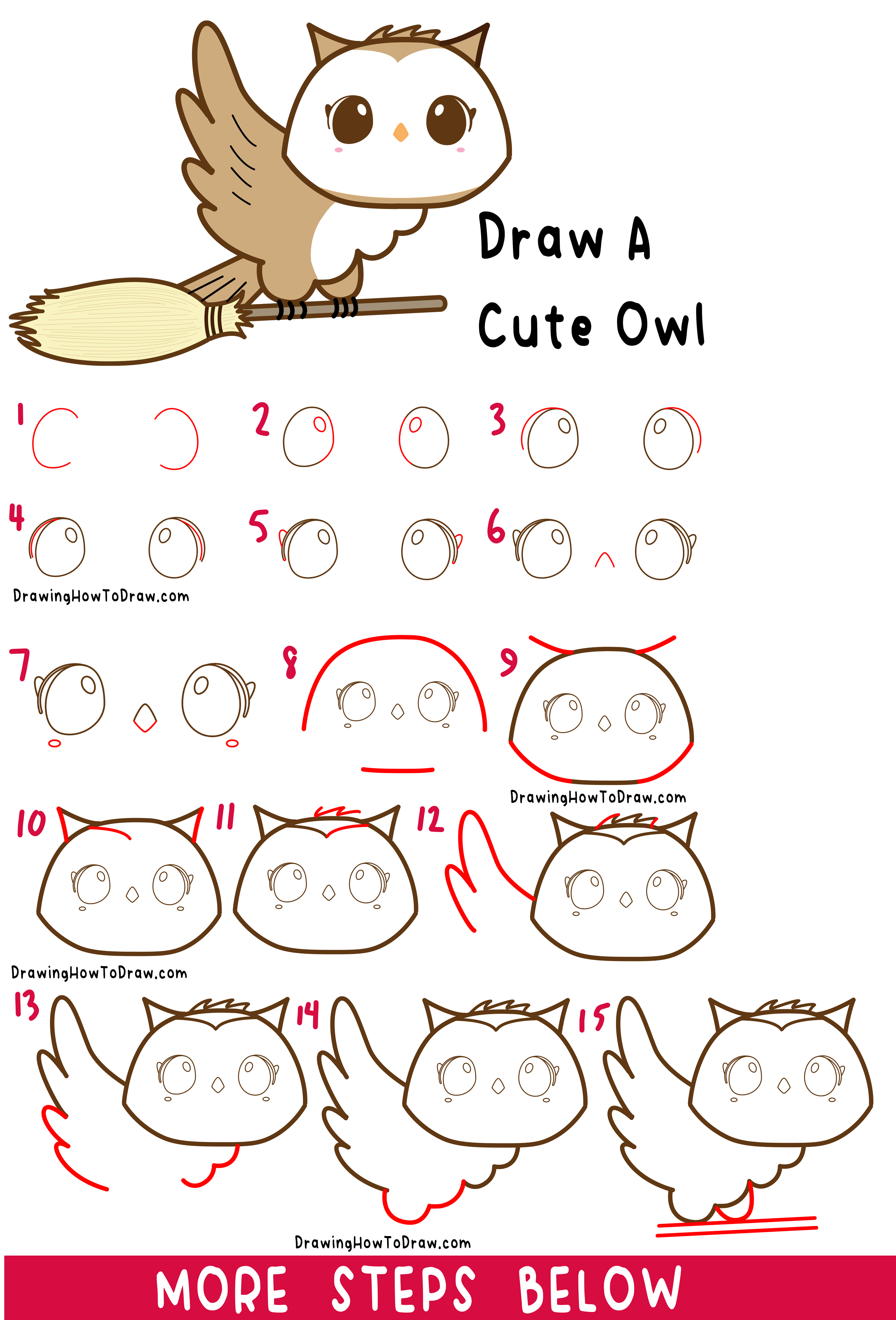 How To Draw A Cute Cartoon Owl on a Witch's Broomstick for Halloween Step-by-Step Drawing Tutorial Kids