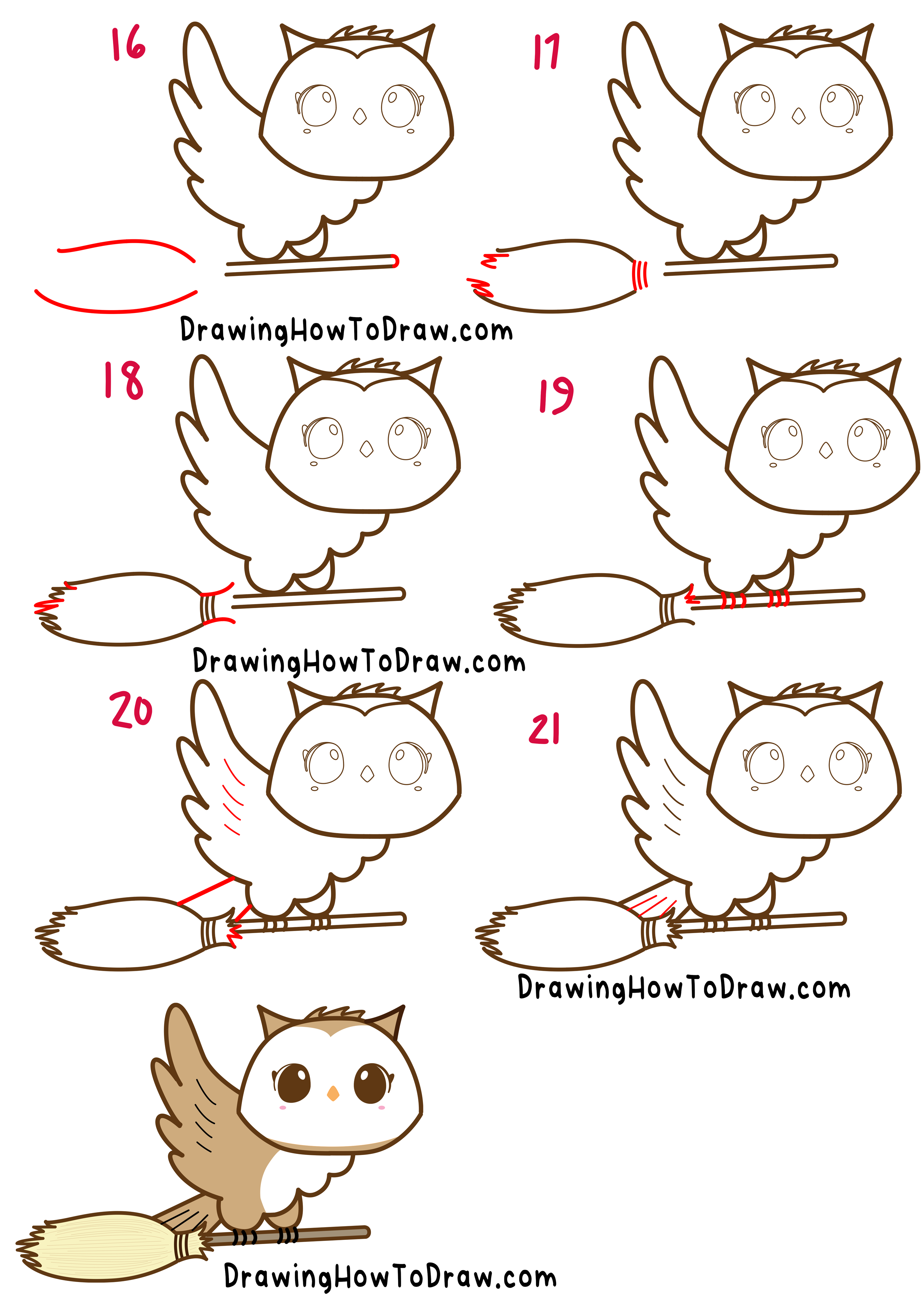 How To Draw A Cute Cartoon Owl on a Witch's Broomstick for Halloween Step-by-Step Drawing Tutorial Kids