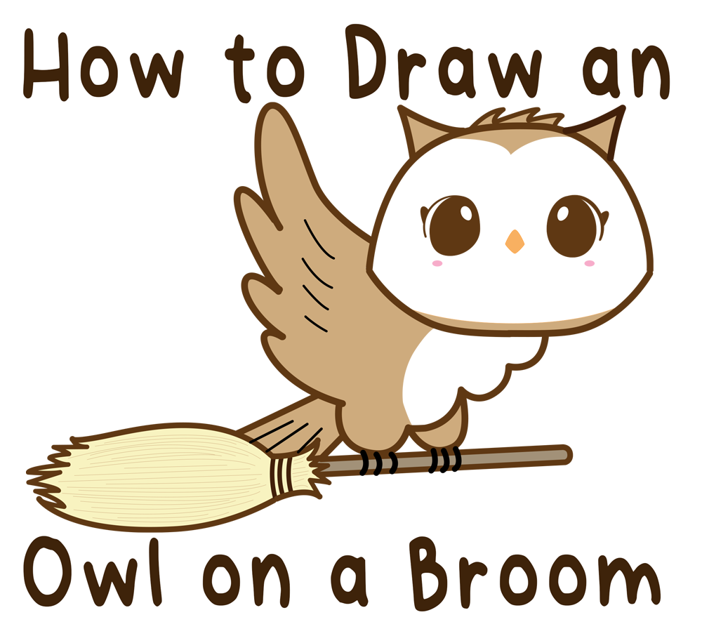 How To Draw A Cute Cartoon Owl on a Witch's Broomstick for Halloween Step-by-Step Drawing Tutorial Kids