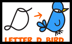 How to Draw a Cute Cartoon Bird from a Cursive Uppercase Letter "D"