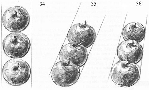 perspective study with apples: three apples of equal size.
