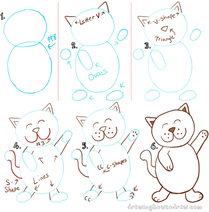 Draw a Happy Dancing Cartoon Cat with a Number 8 Shape