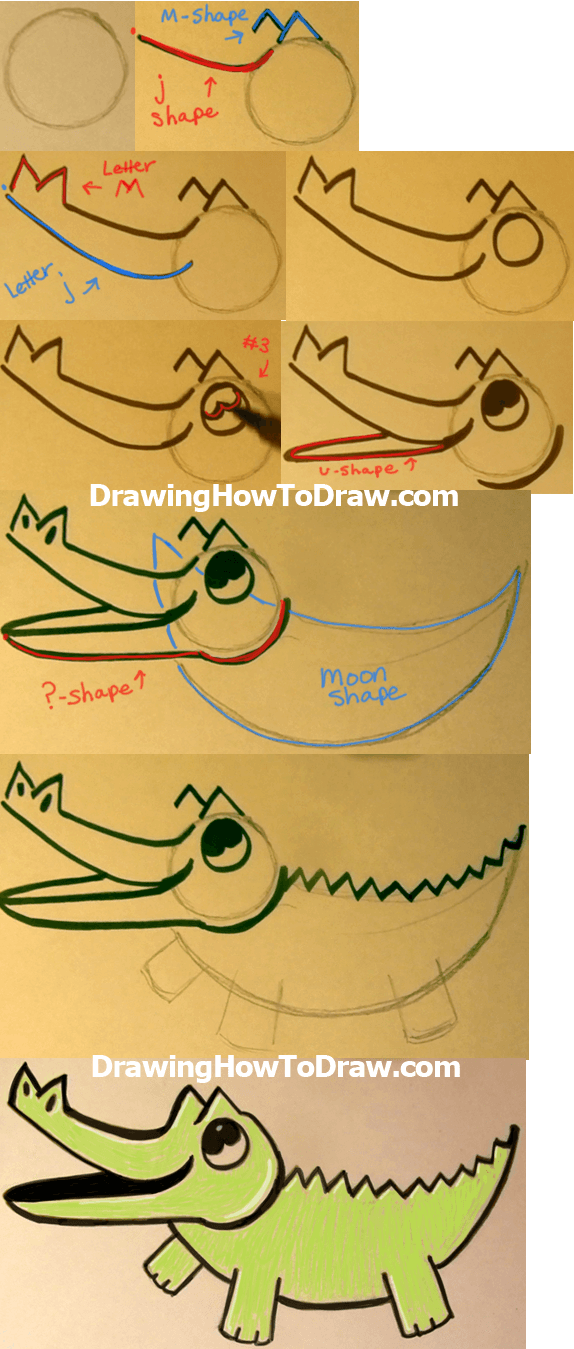 How to Draw Cartoon Baby Crocodiles and Alligators Simple Drawing Lesson for Children