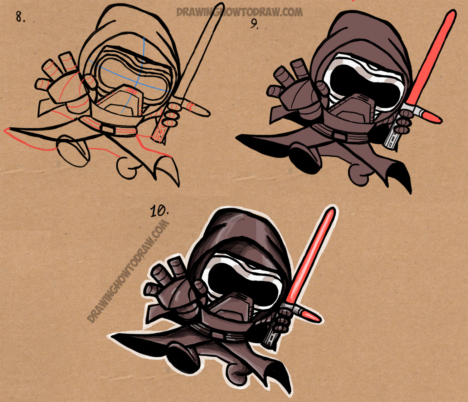 How to Draw Cute Chibi Cartoon Kylo Ren from Star Wars The Force Awakens - Step by Step Drawing Tutorial
