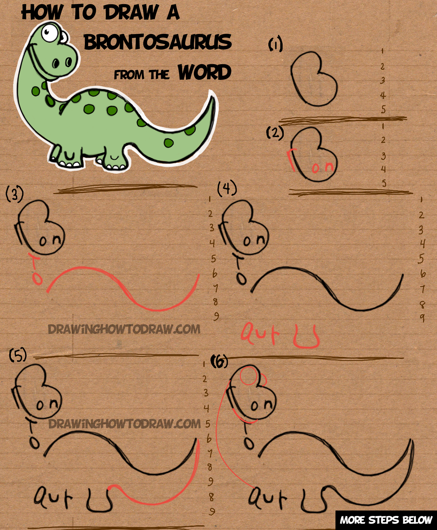 How to Draw a Cartoon Brontosaurus from the Word Brontosaurus Simple Step by Step Drawing Tutorial