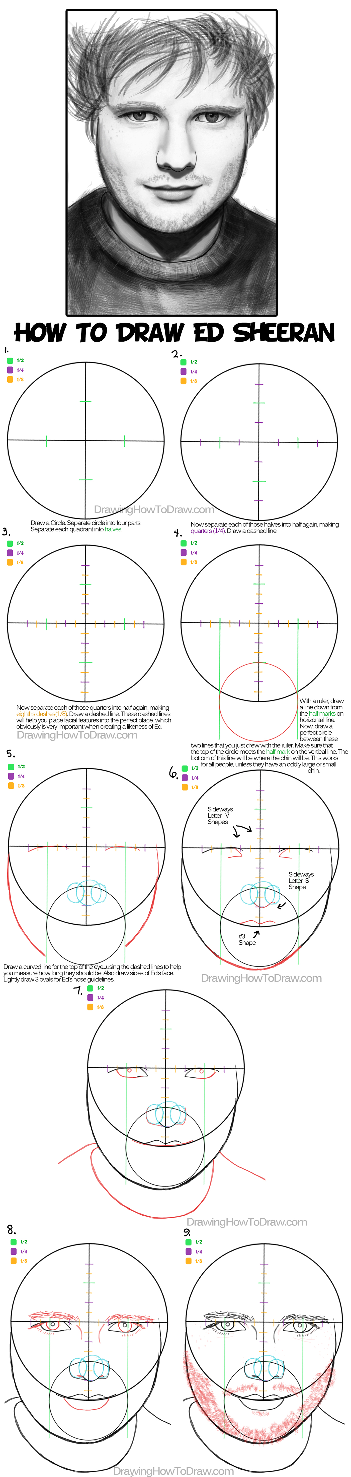 Learn How to Draw Ed Sheeran in easy-to-follow Steps : Step by Step Drawing Tutorial