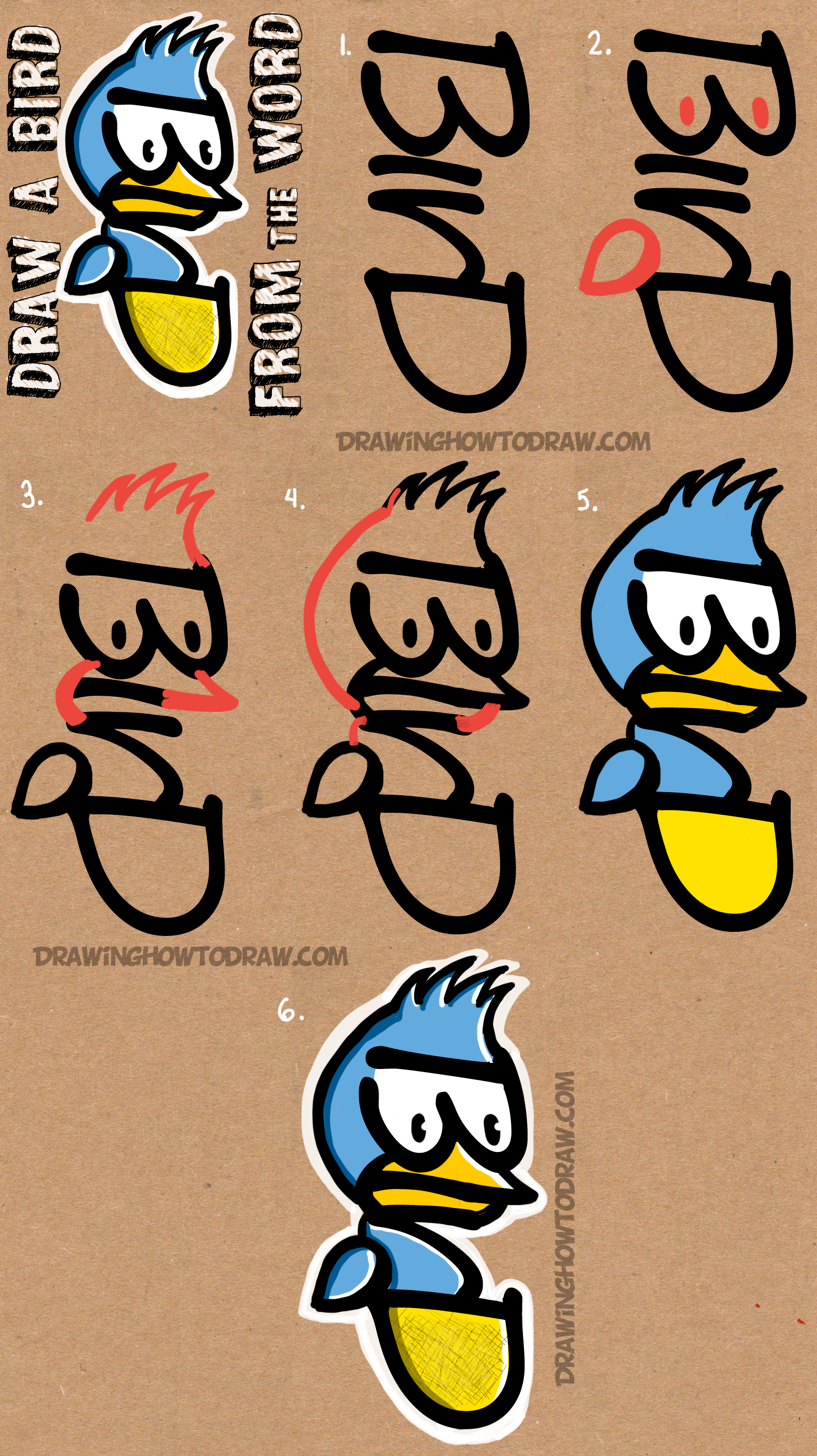 How to Draw a Cartoon Bird from the Word BIRD with Easy Steps Tutorial for Kids