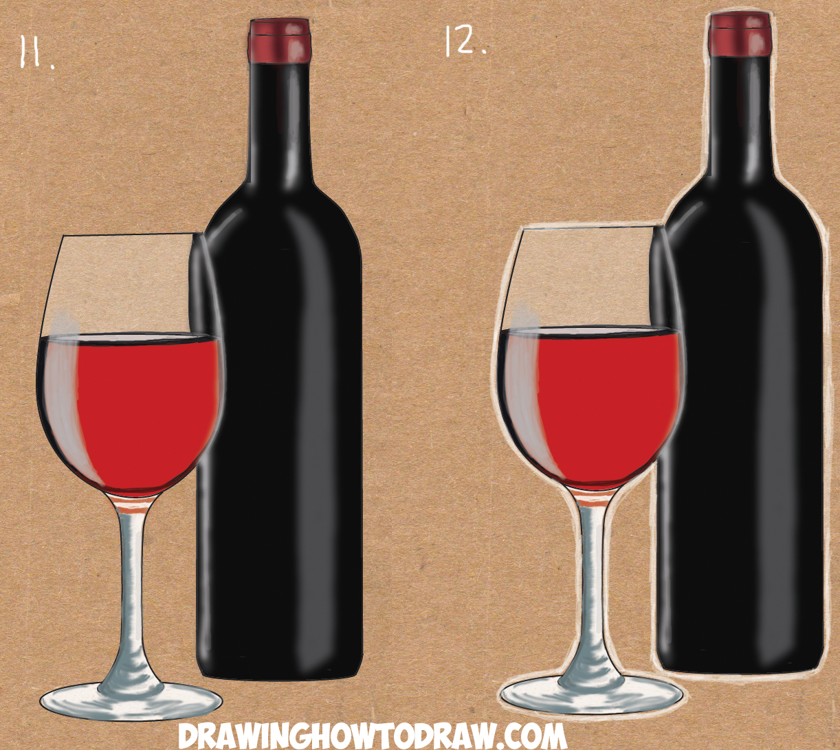 how to draw glass of wine and bottle of wine in easy steps