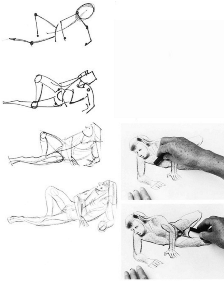 Try a larger, lying down position, starting once more with a "stick" figure and continuing.