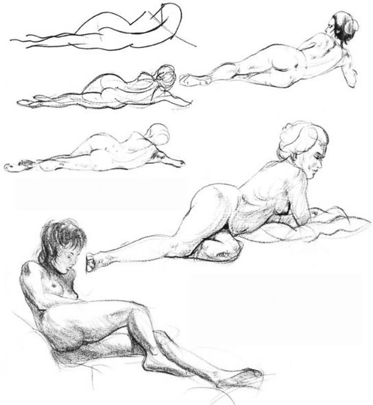 The three step-by-step drawings above show, once again, typical procedure in figure drawing.