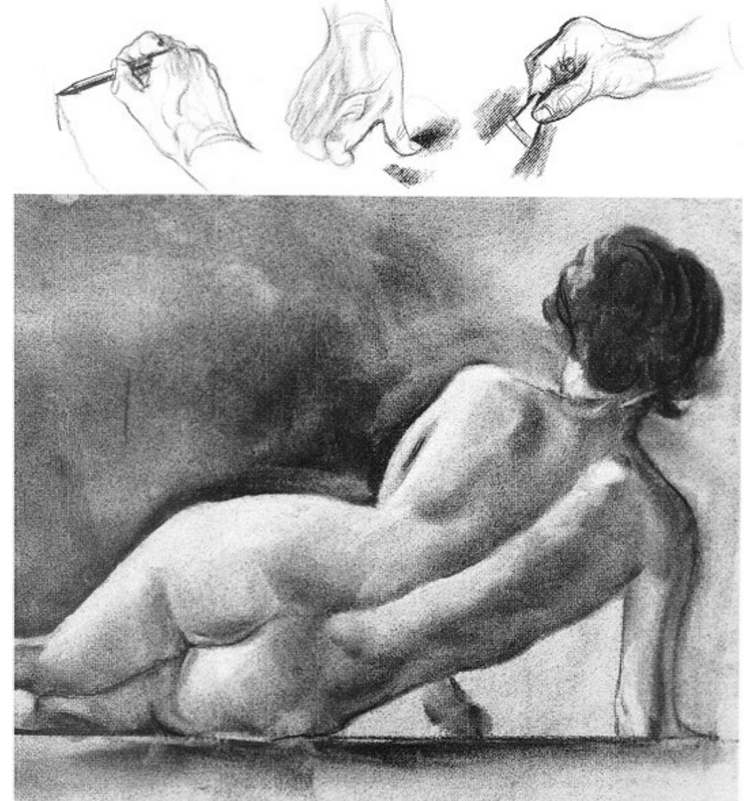 my hand sketching, with a long stick of vine charcoal held very lightly, the overall planning of the drawing in flowing lines. The next indicates thumping out all but a faint i1nage of the early work. The third indicates redrawing with a charcoal pencil or whatever medium you are using. With 1nuch of the early mistakes taken care of in the thumped-out charcoal sketch, it's a bit easier to emphasize or eliminate passages. The last two sketches show a s1nudging with the thu1nb to get tones, and the use of a kneaded eraser to lighten other sections. The sketches are in no firm order, and the various operations may be repeated ti1ne after time, your patience and the strength of the paper being the governing factors.