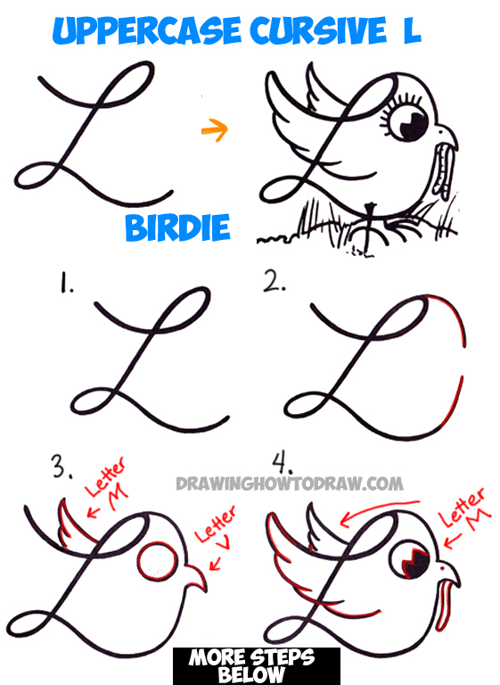 How to Draw Cartoon Bird with Worm from Uppercase Cursive L Easy Step by Step Drawing Lesson for Children