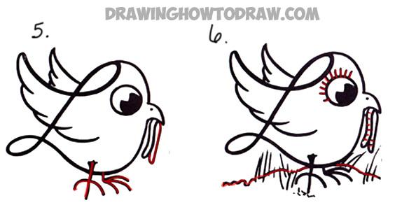 how to draw a cartoon bird with worms in its mouth from a letter L shape