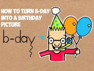 How to Draw Cartoon Boy Celebrating Birthday & Holding Balloons from the Word b-day - Simple Steps Lesson