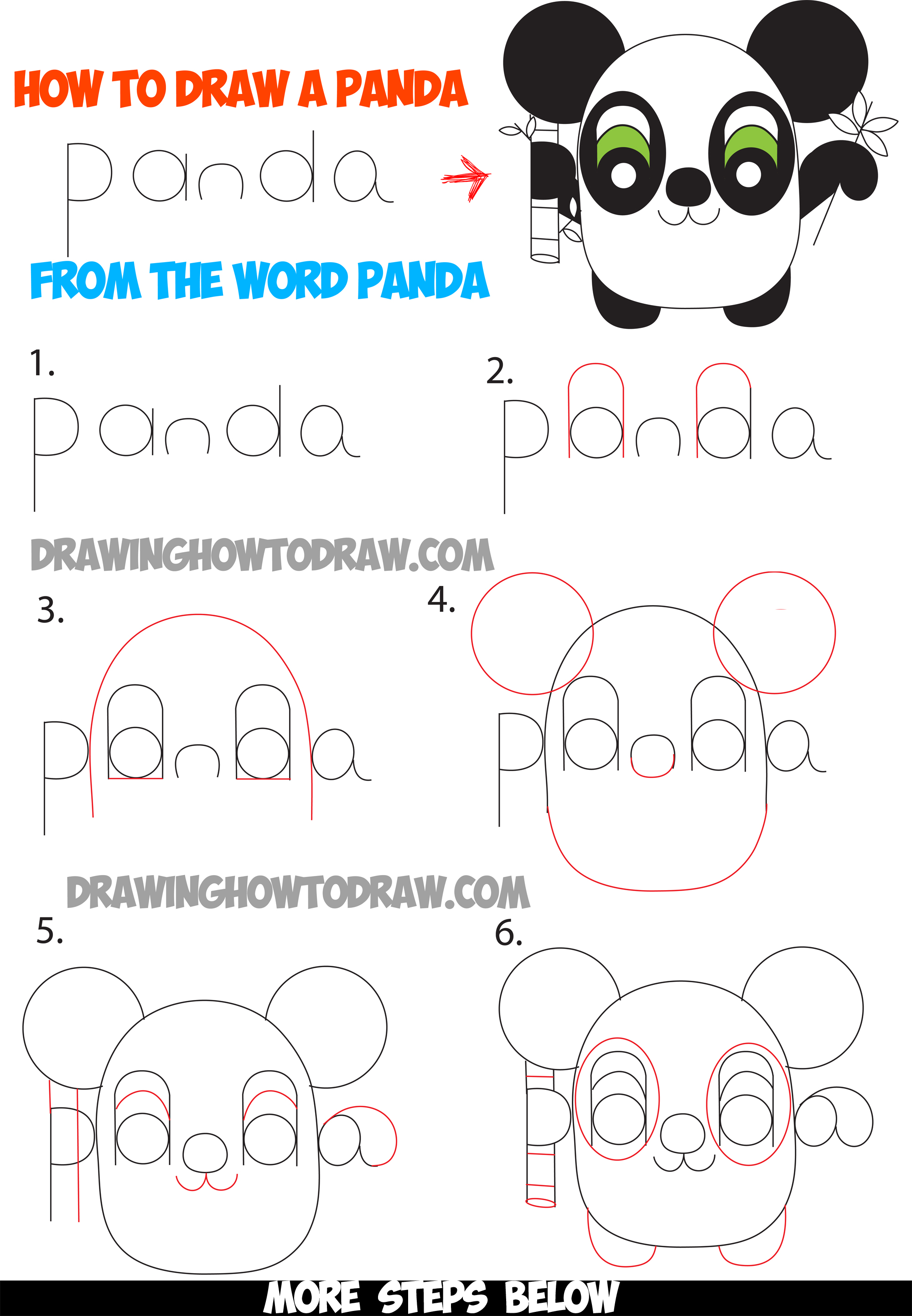 How to Draw Cartoon Pandas from the Word Panda Easy Step by Step Tutorial for Kids