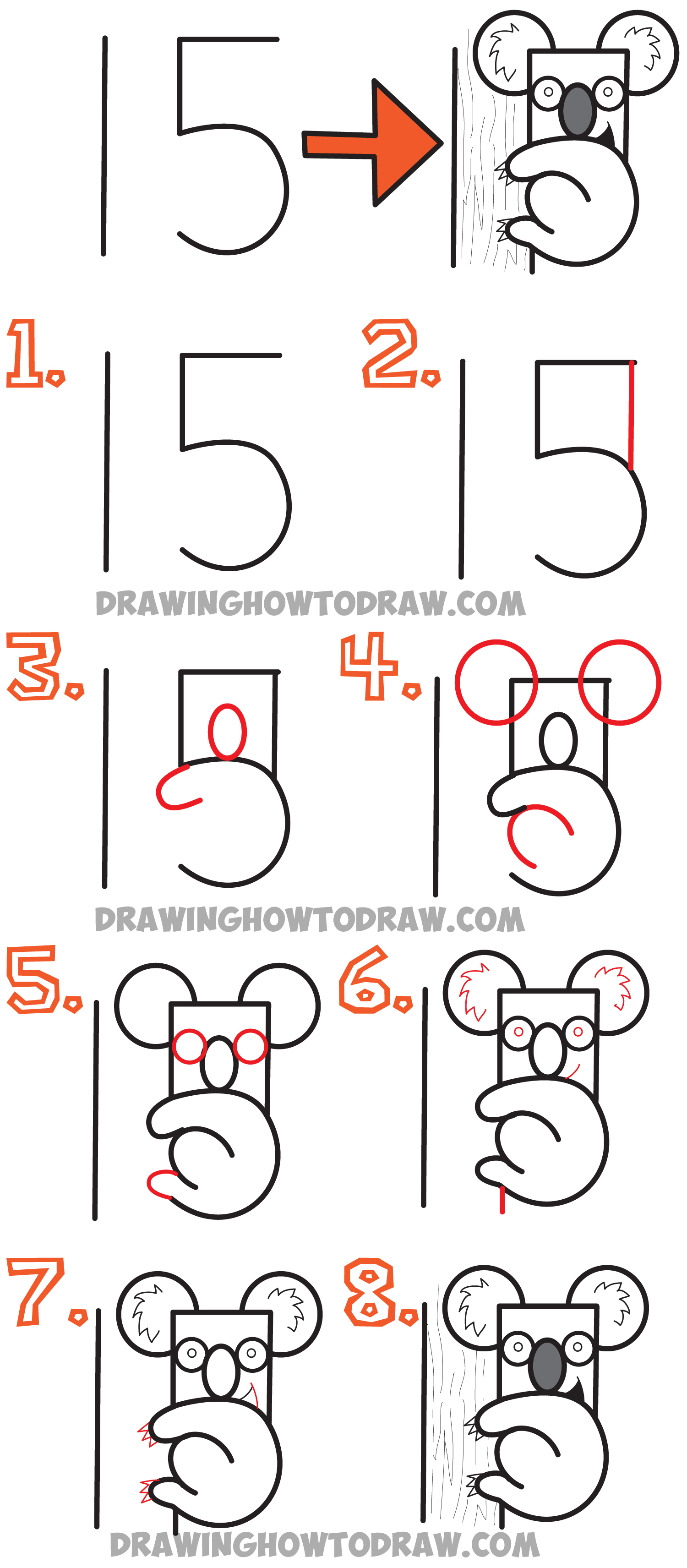 Learn How to Draw a Cartoon Koala Bear from the Number 15 - Simple Drawing Lesson for Kids