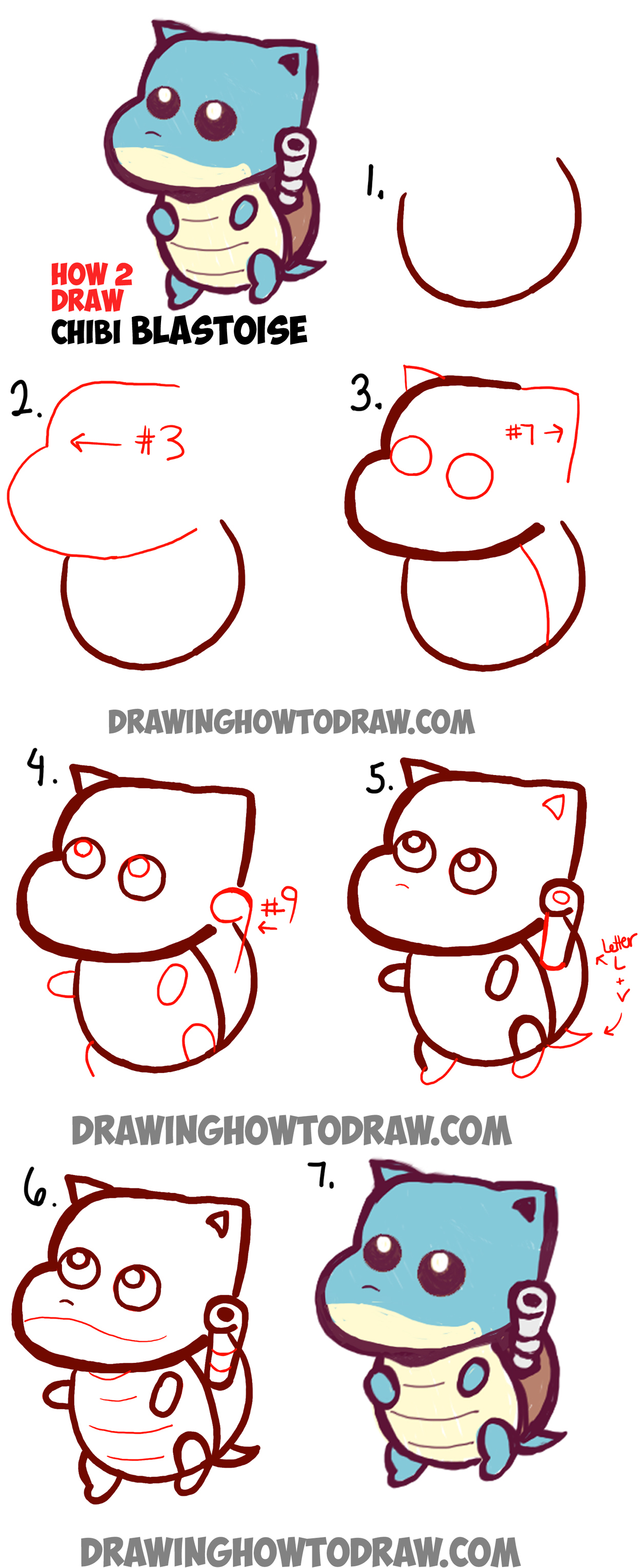 Learn How to Draw Cute Baby Chibi Blastoise from Pokemon Simple Step by Step Drawing Lesson
