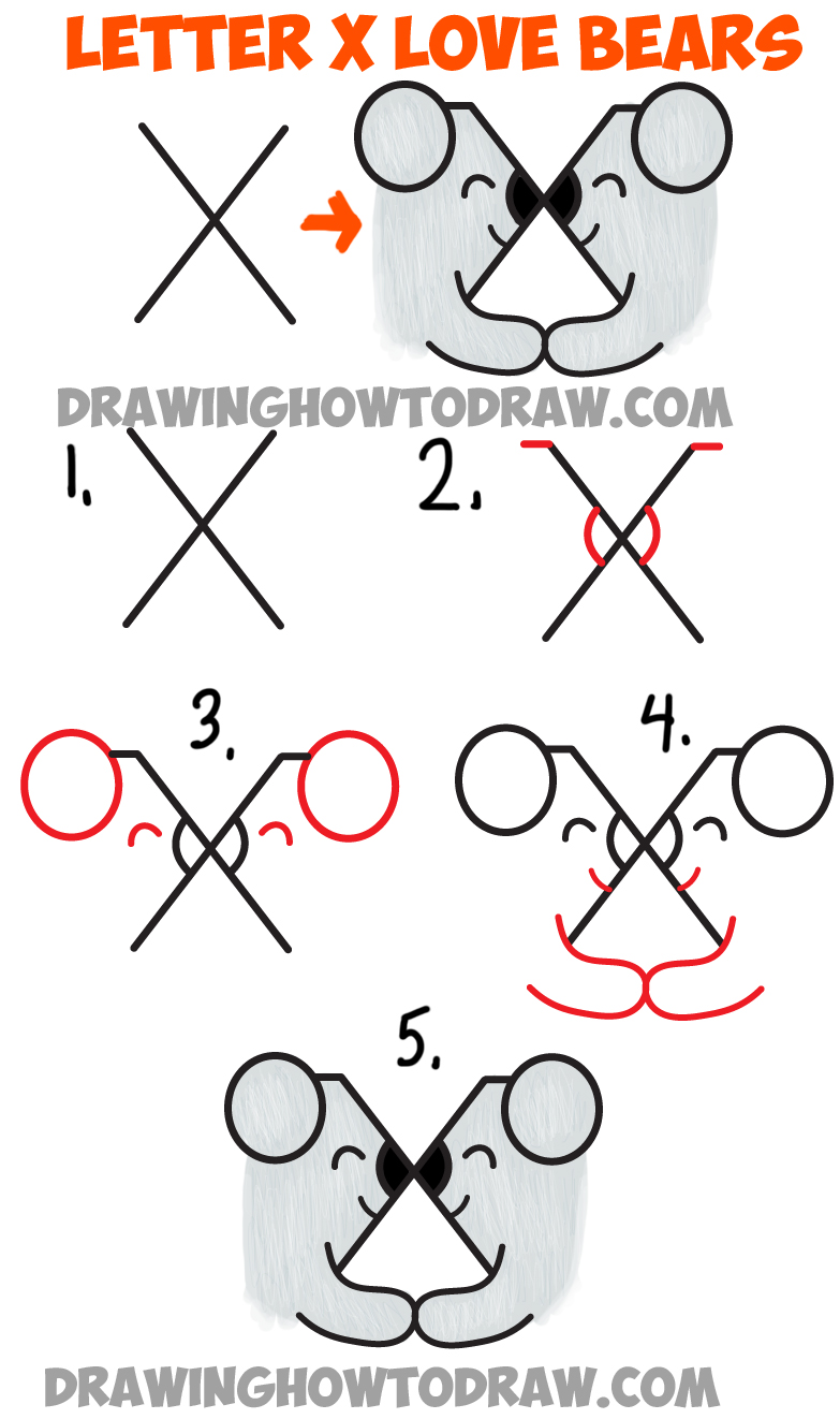 Learn How to Draw Two Bears in Love from the Letter X - Easy Step by Step Drawing Lesson for Kids