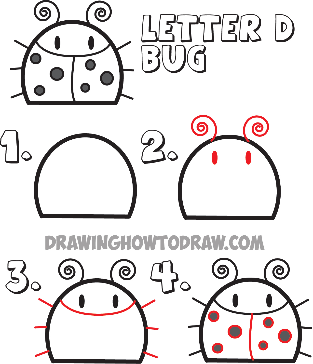 how to draw a cartoon bug from the letter d shape