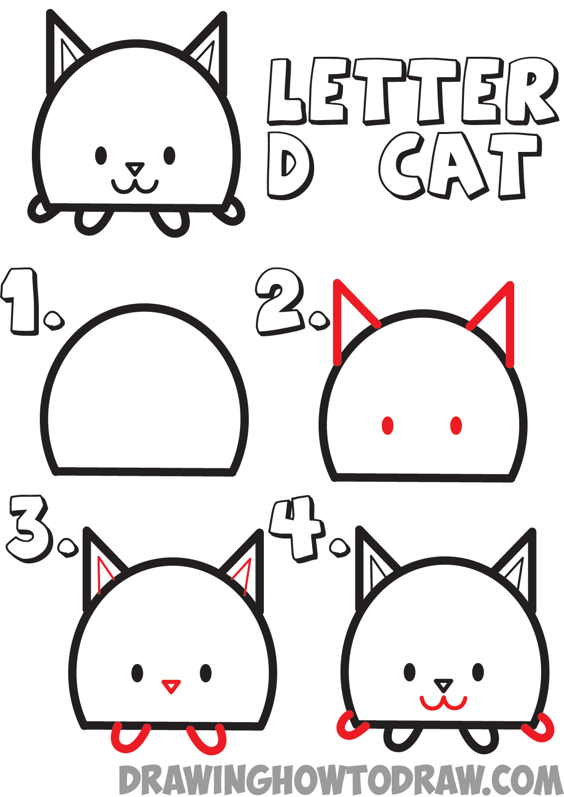 how to draw cartoon kitty cats from the letter D shape for kids