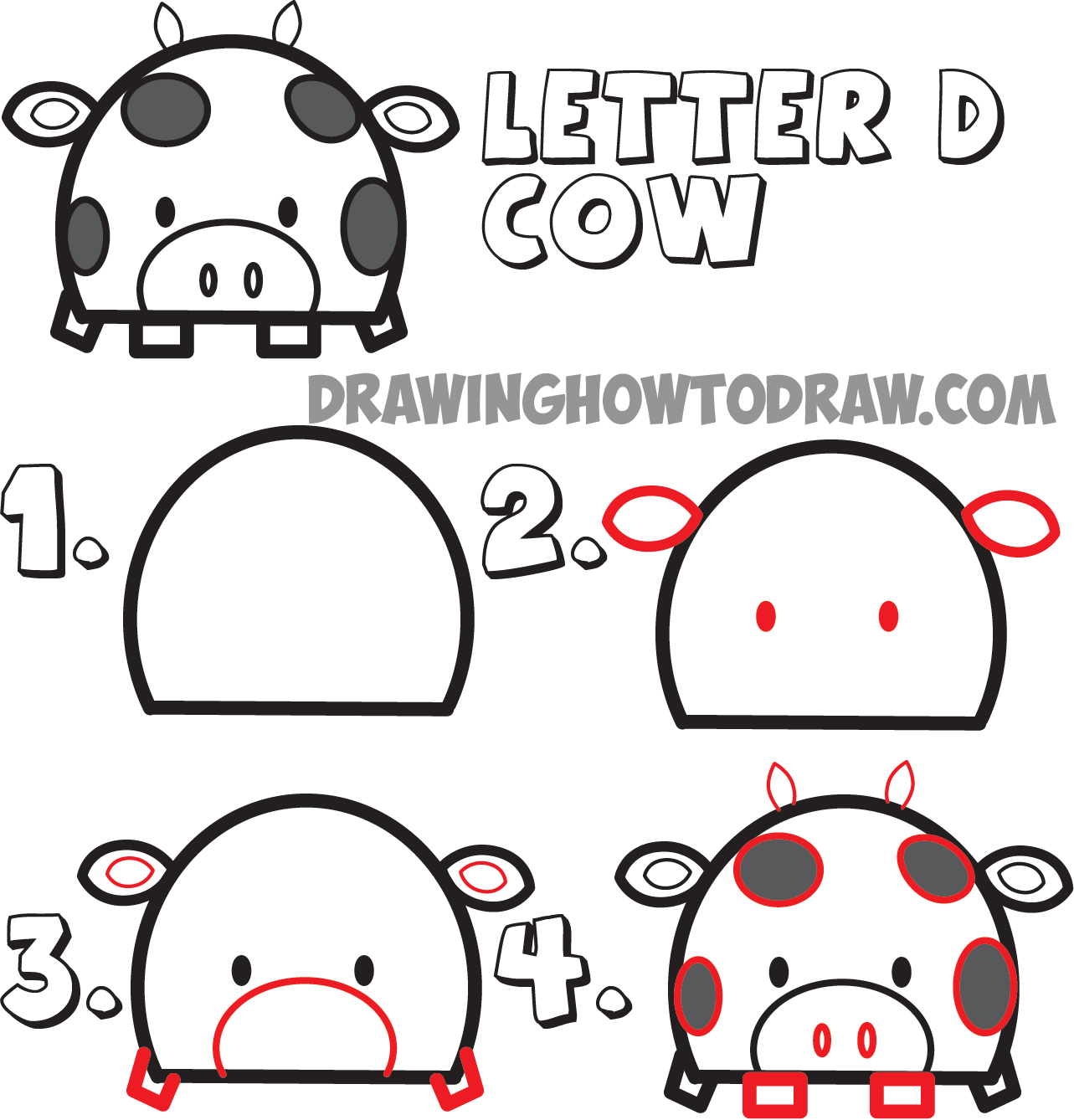how to draw cartoon cows from uppercase letter D shape