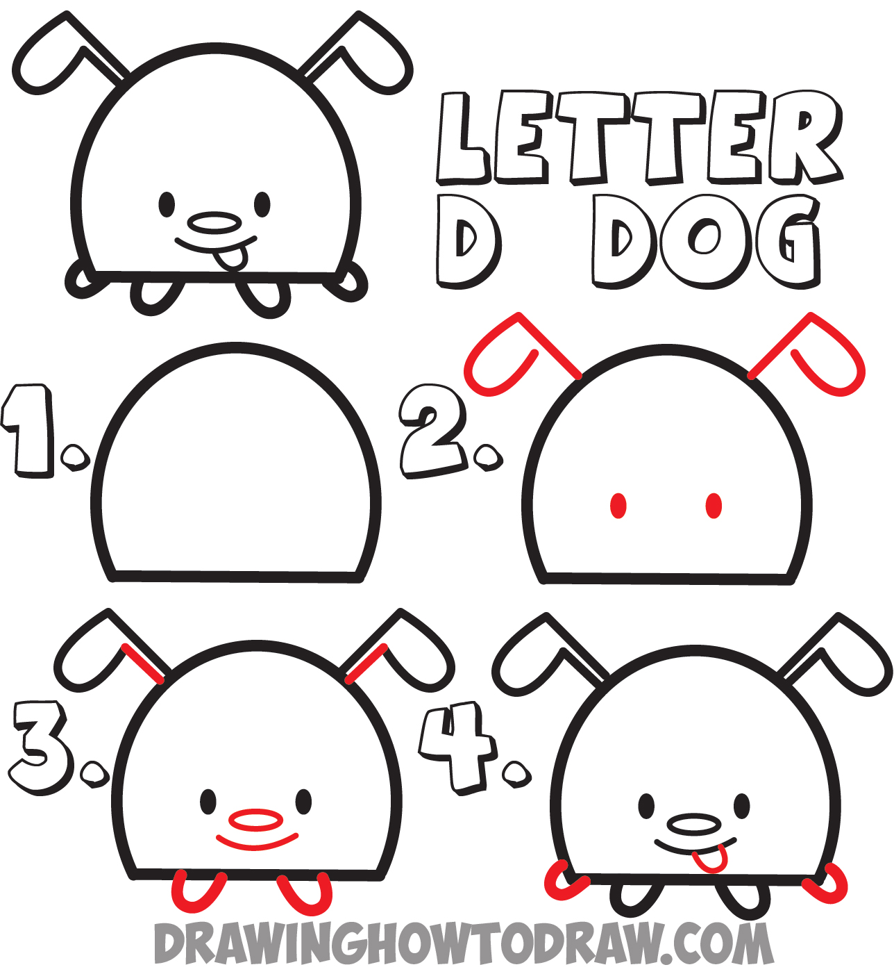 how to draw cartoon doggy from the letter D shape