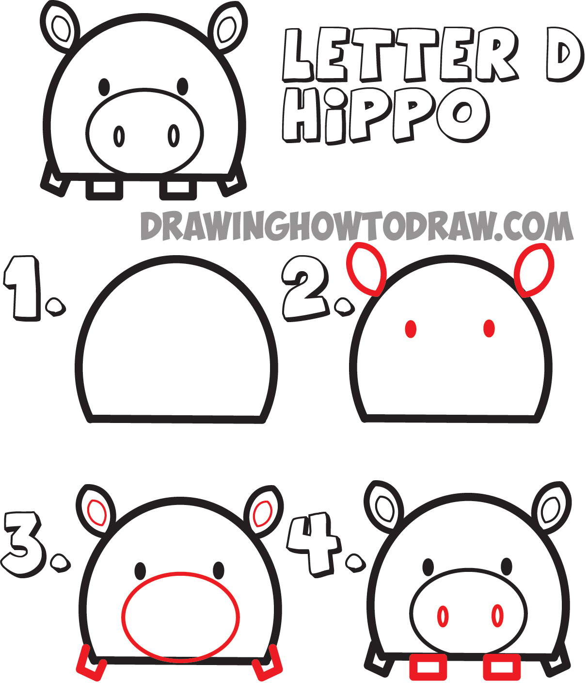 how to draw cartoon hippos from the letter D shape