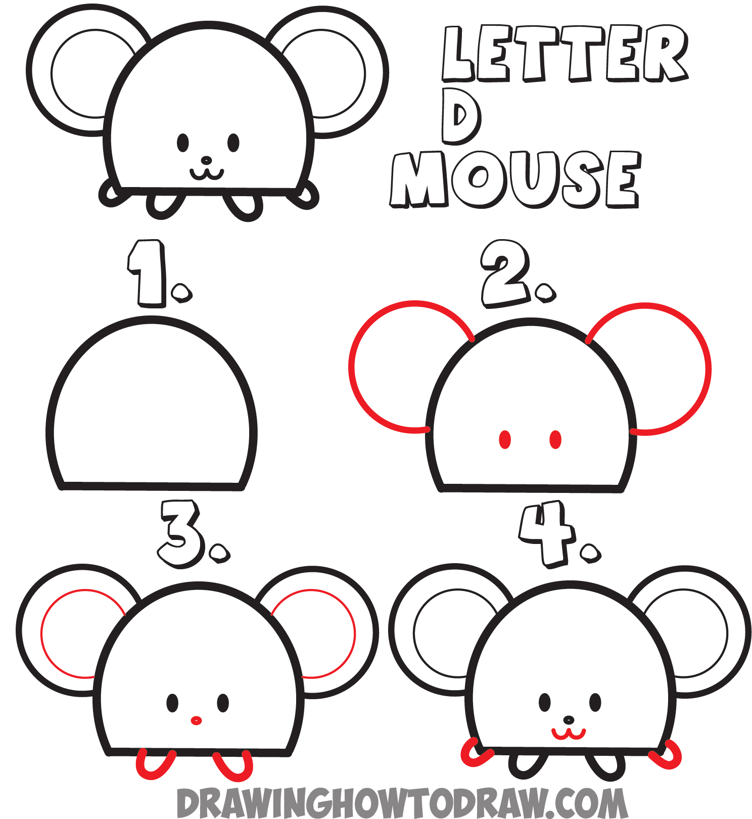 how to draw a cartoon mouse from the letter D shape