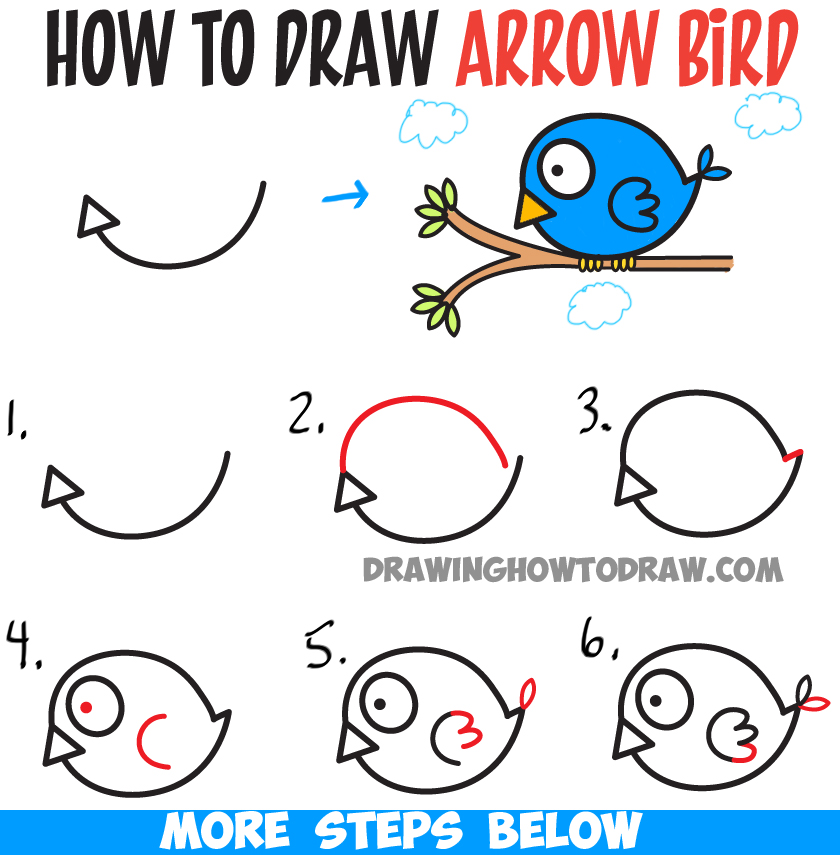 How to Draw Cute Cartoon Bird Illustration from Arrow Shape - Easy Tutorial for Kids