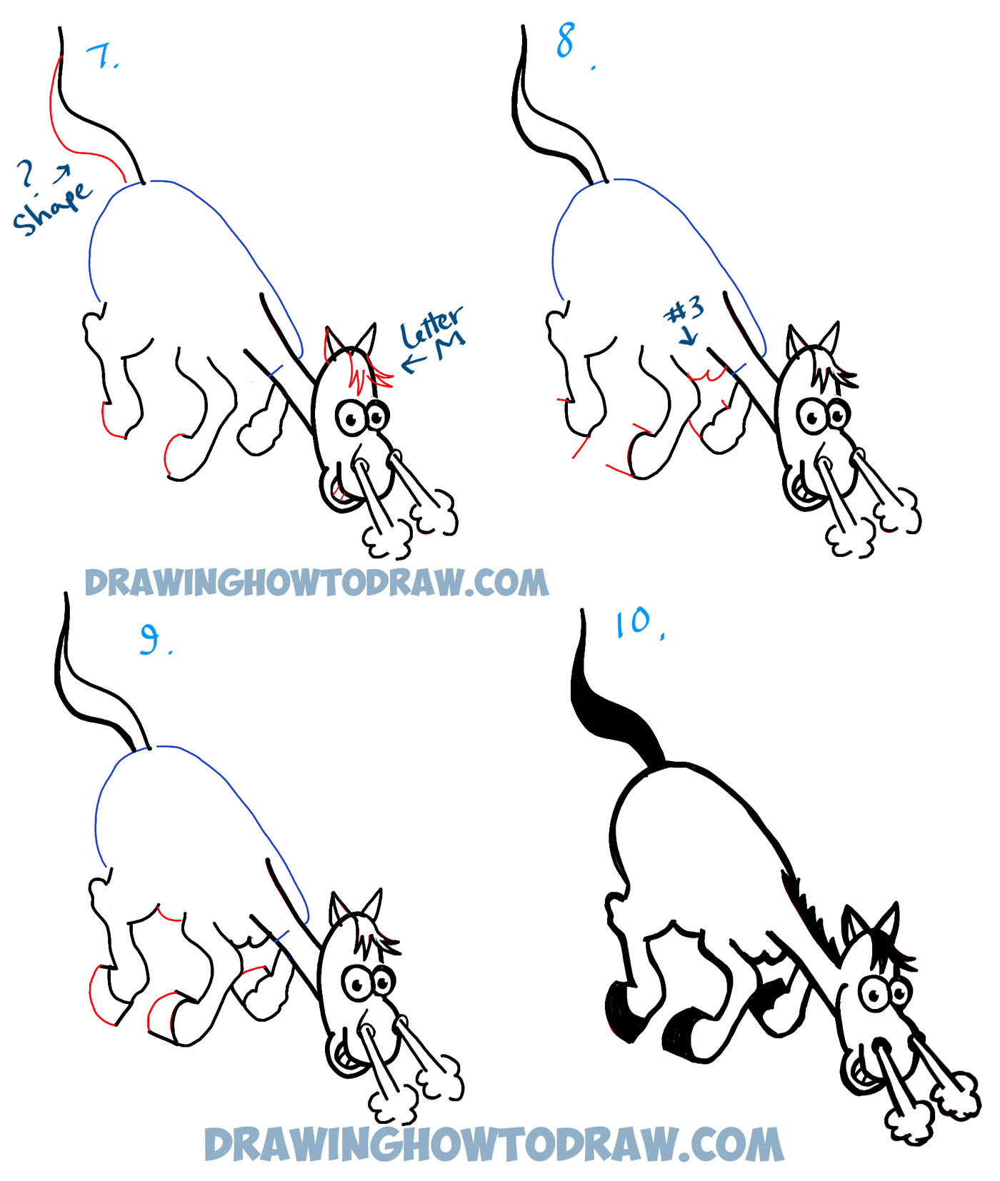 Learn How to Draw a Cartoon Horse Galloping / Charging - Simple Steps Drawing Lesson