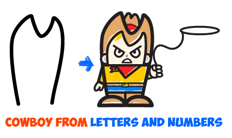 how to draw cartoon cowboys from letters and numbers - tutorial for children