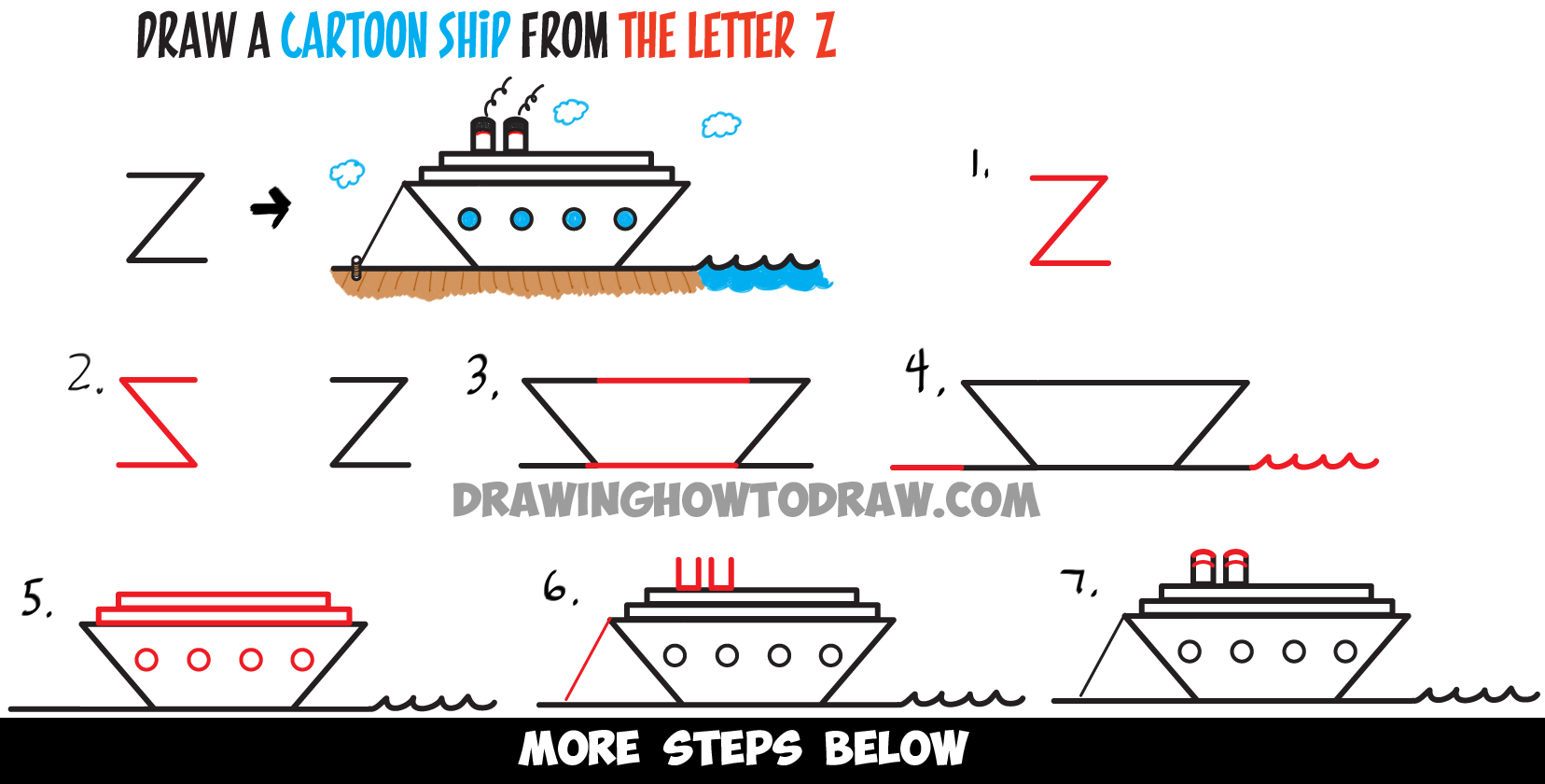 How to Draw a Cartoon Ship from the Letter z Shape - Easy Drawing Tutorial for Kids