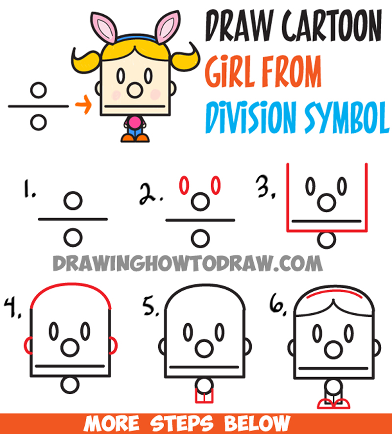 How to Draw Cartoon Girl with Pig Tails and Bunny Ears from Division Sign