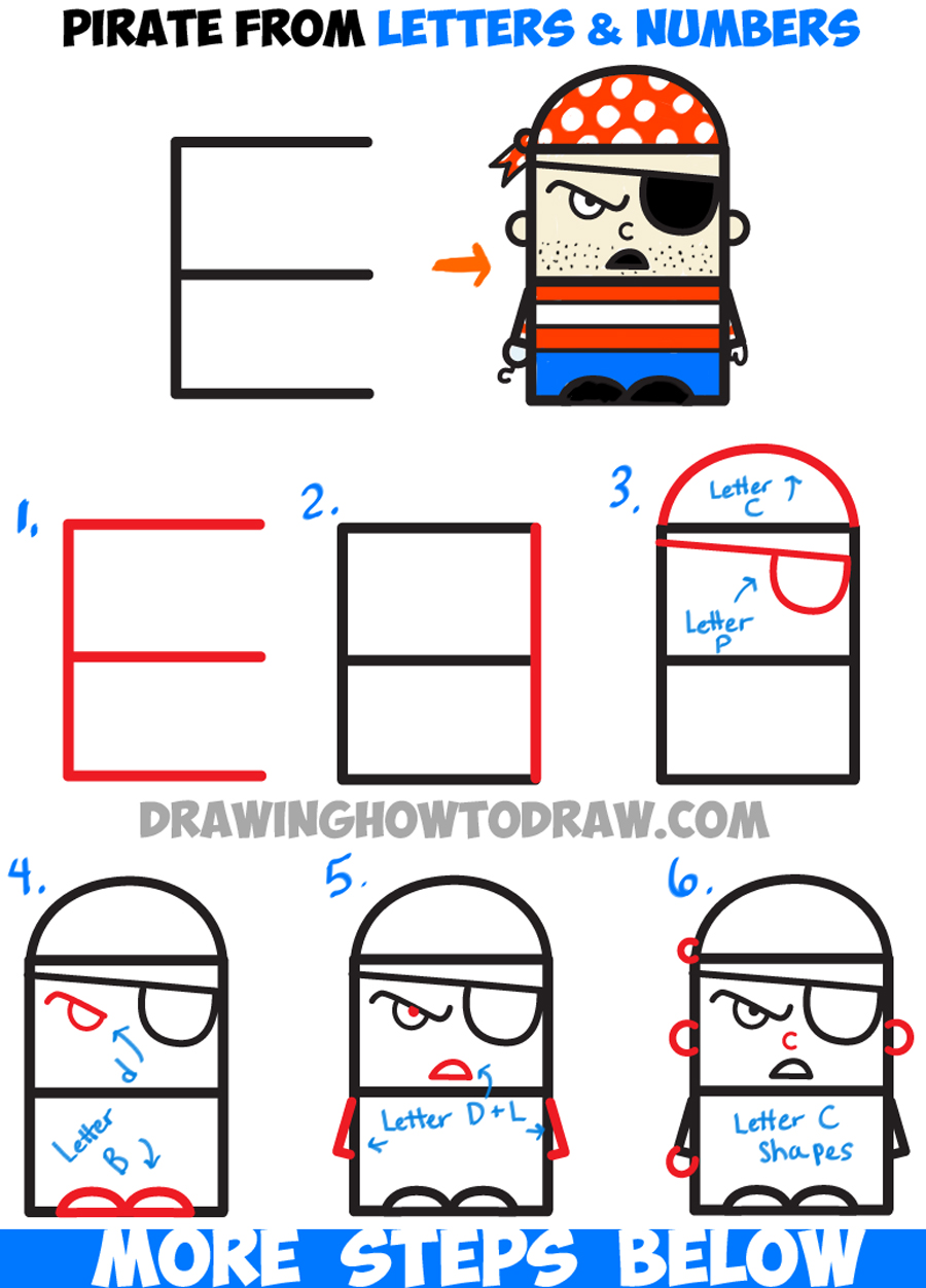 How to Draw Cartoon Pirate from Letters and Numbers - Easy Tutorial for Kids