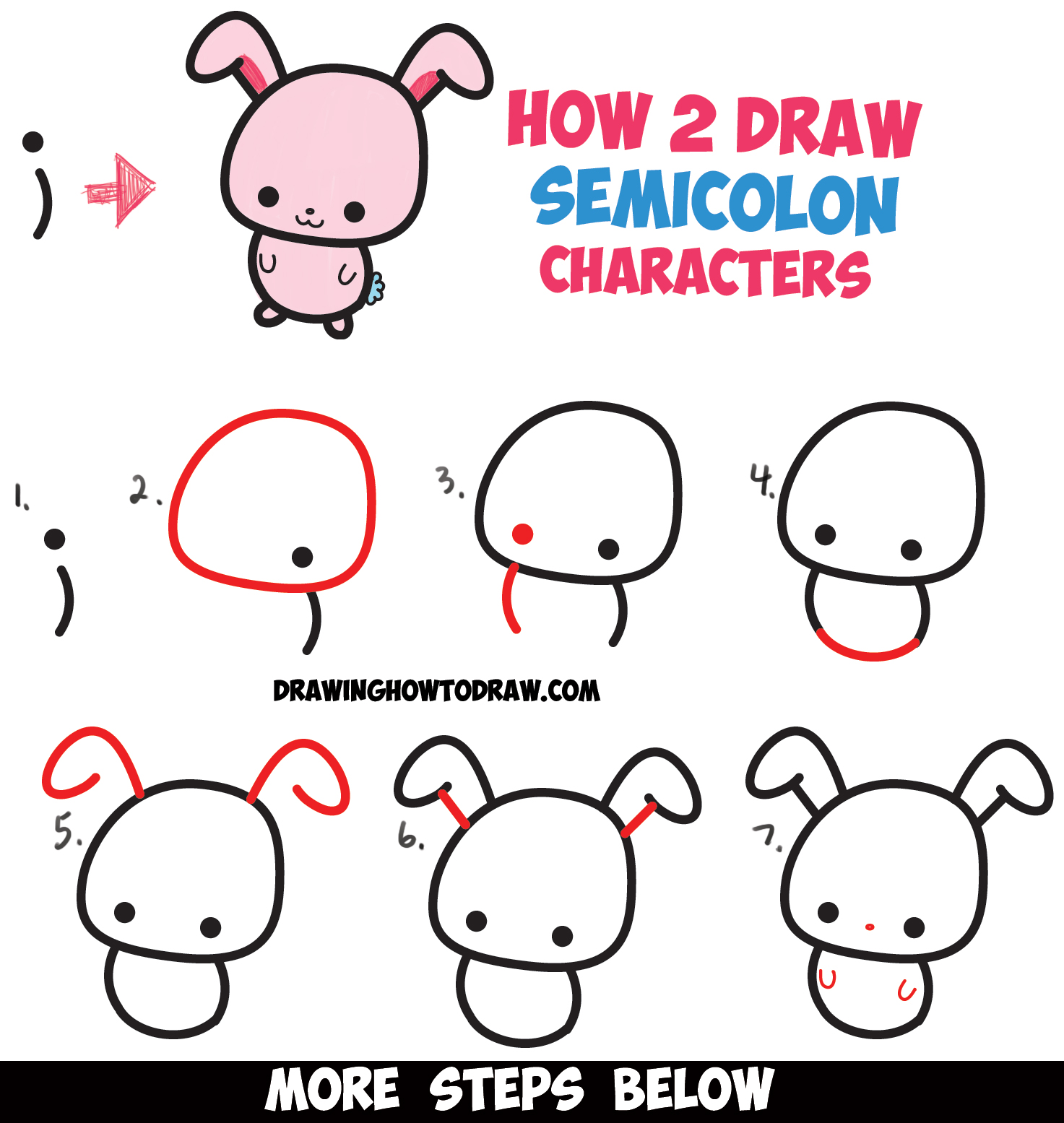 How to Draw a Cute Easy Cartoon Kawaii Bunny Rabbit from a Semicolon " ; " - Simple Step by Step Drawing Tutorial for Kids
