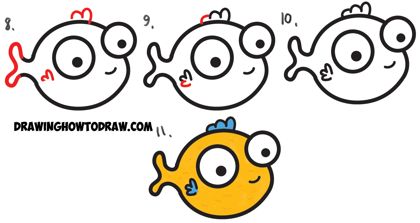 how to draw a cute baby cartoon fish - easy steps art lesson for kids