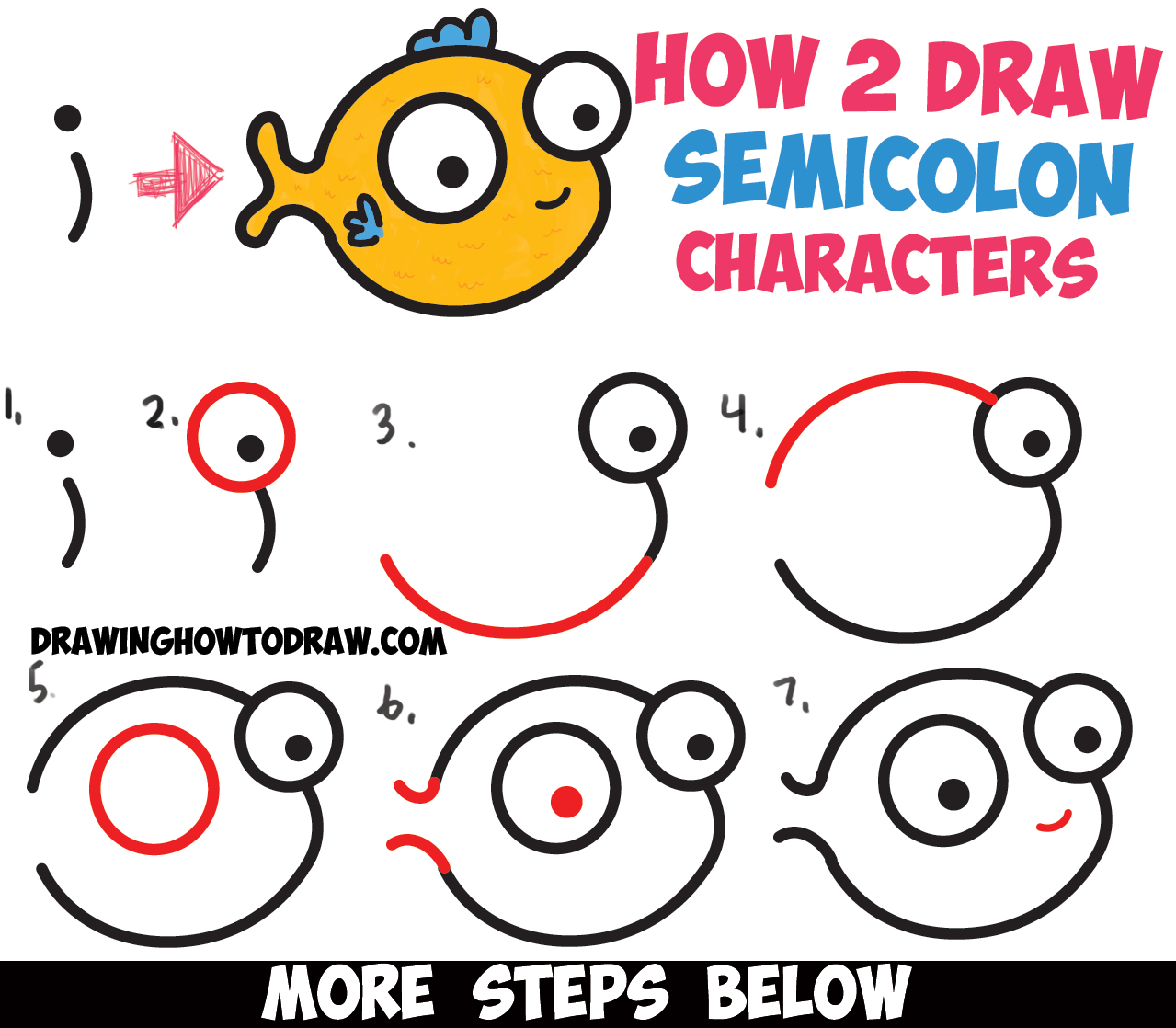 How to Draw a Cute Easy Cartoon Fish from a Semicolon " ; " - Simple Step by Step Drawing Tutorial for Kids