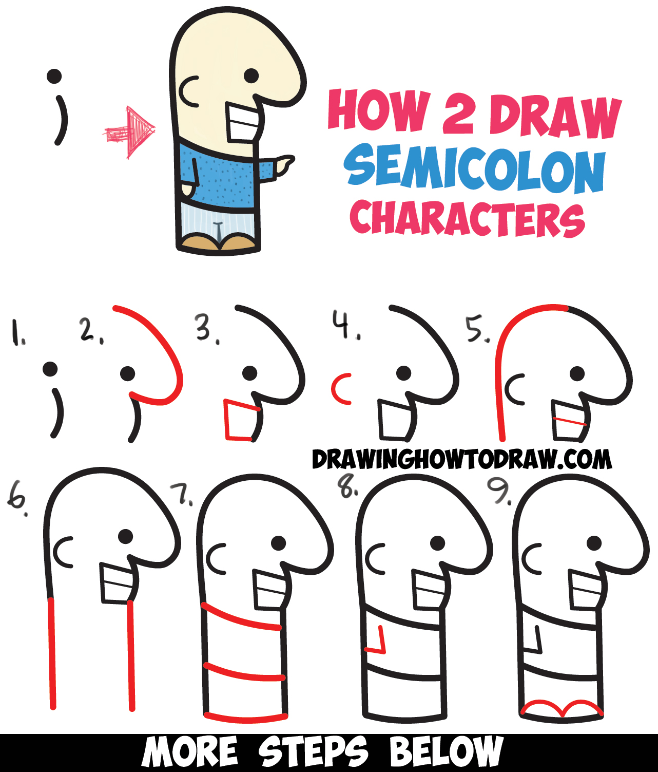 how to draw a cute cartoon man easy from a semicolon - easy drawing lesson for kids