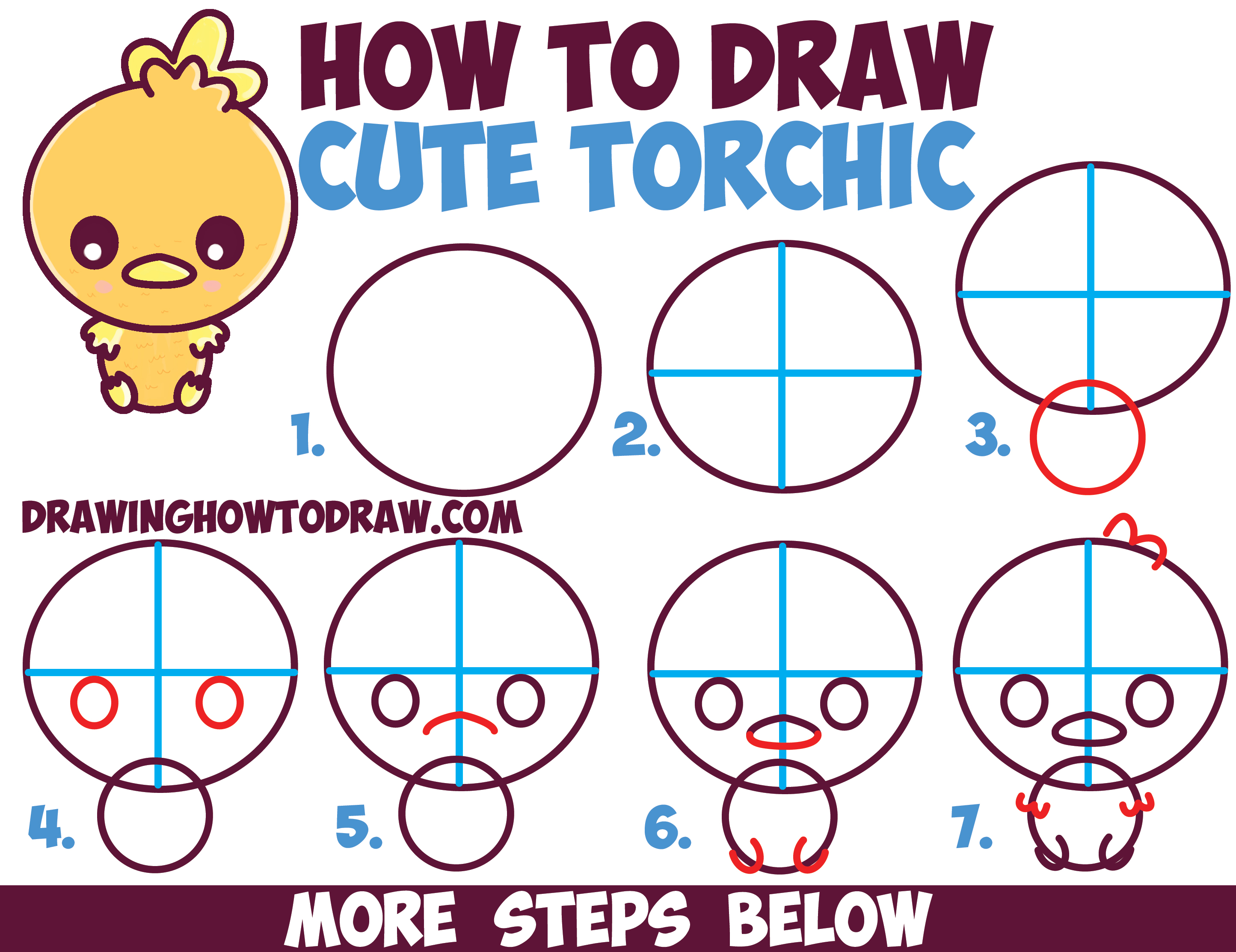 How to Draw Cute Torchic from Pokemon (Chibi / Kawaii) Easy Steps Lesson for Kids