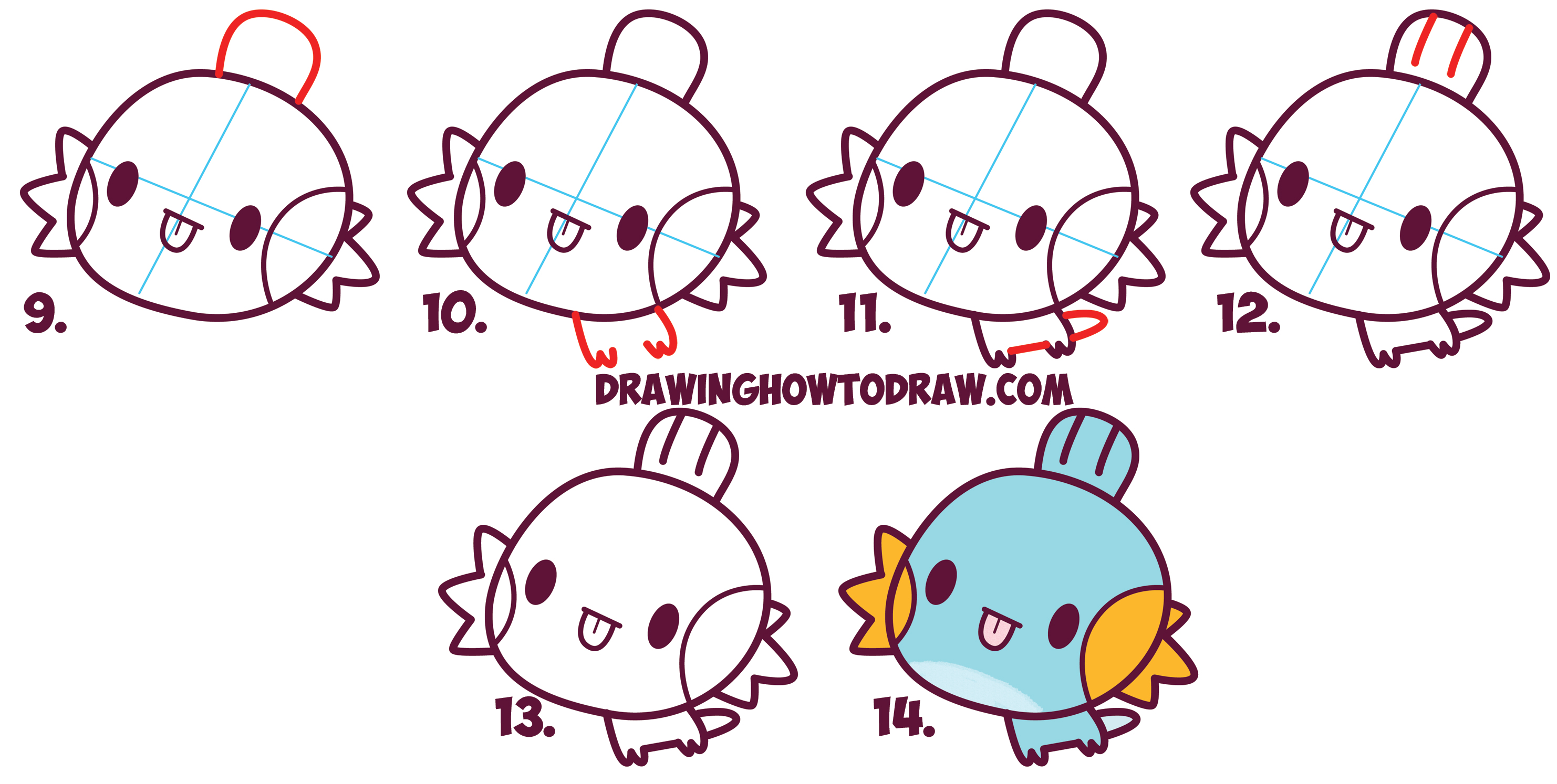 Learn How to Draw MudKip from Pokemon (Cute / Chibi / Kawaii) Simple Steps Drawing Lesson for Kids