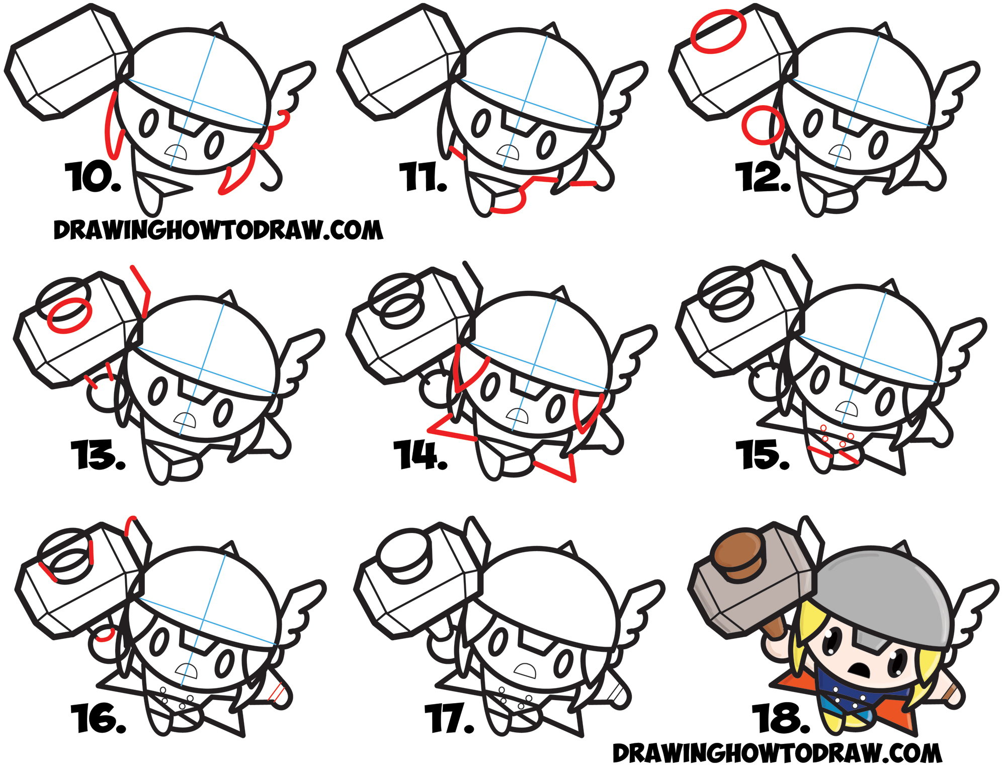 Learn How to Draw Cute Chibi Kawaii Thor from Marvel Comics in Simple Step by Step Art Lesson for Kids