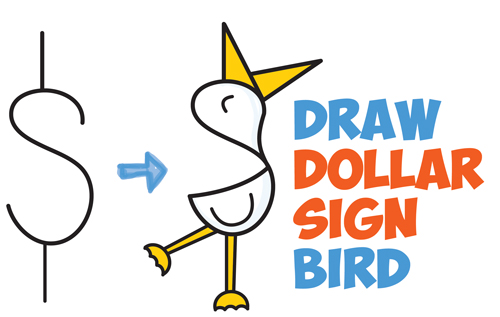 How to Draw a Cute Cartoon Bird / Duck from a Dollar Sign - Easy Step by Step Drawing Tutorial for Kids
