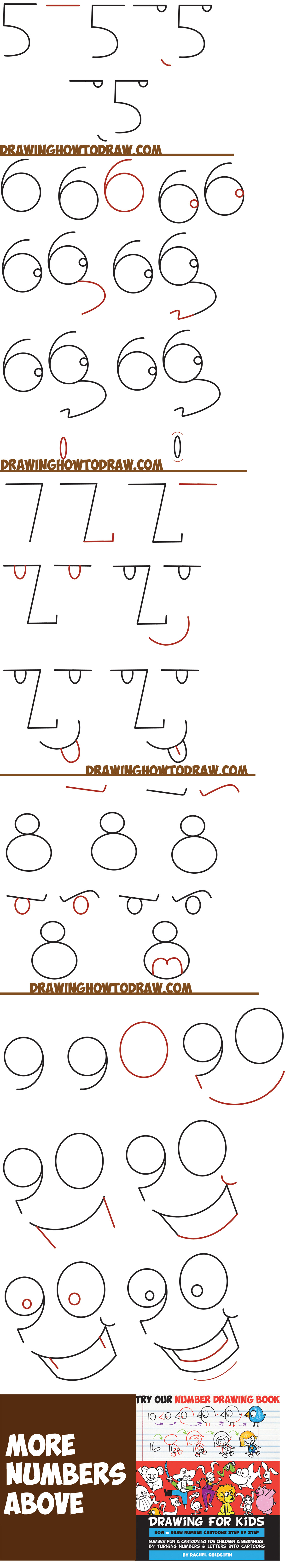 Learn How to Draw Cartoon Faces from Numbers 1 - 9 Shapes in Simple Steps Drawing Lesson for Kids and Beginners