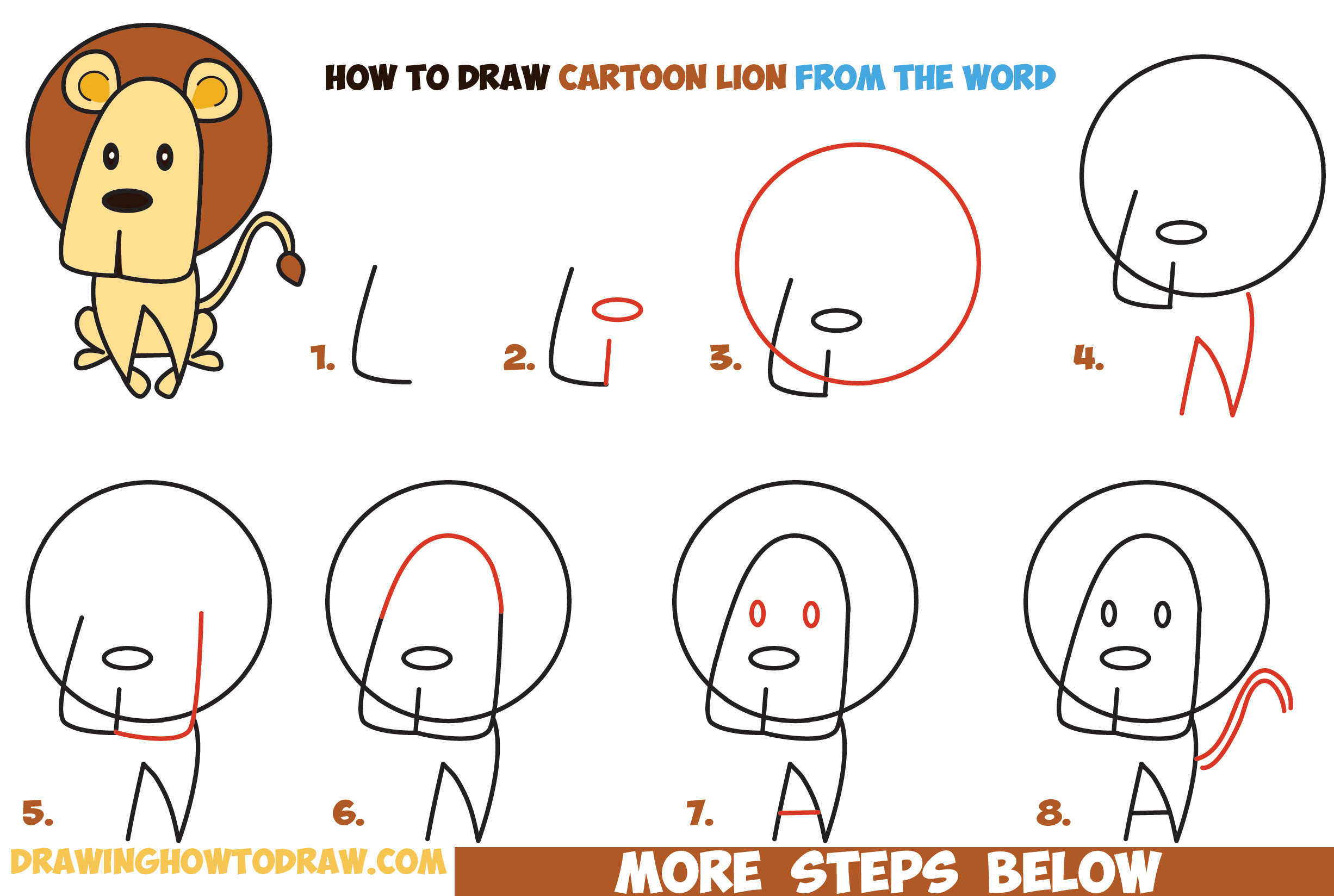 How to Draw Cartoon Lion from the Word Easy Step by Step Drawing Tutorial for Kids (Word Cartoon)