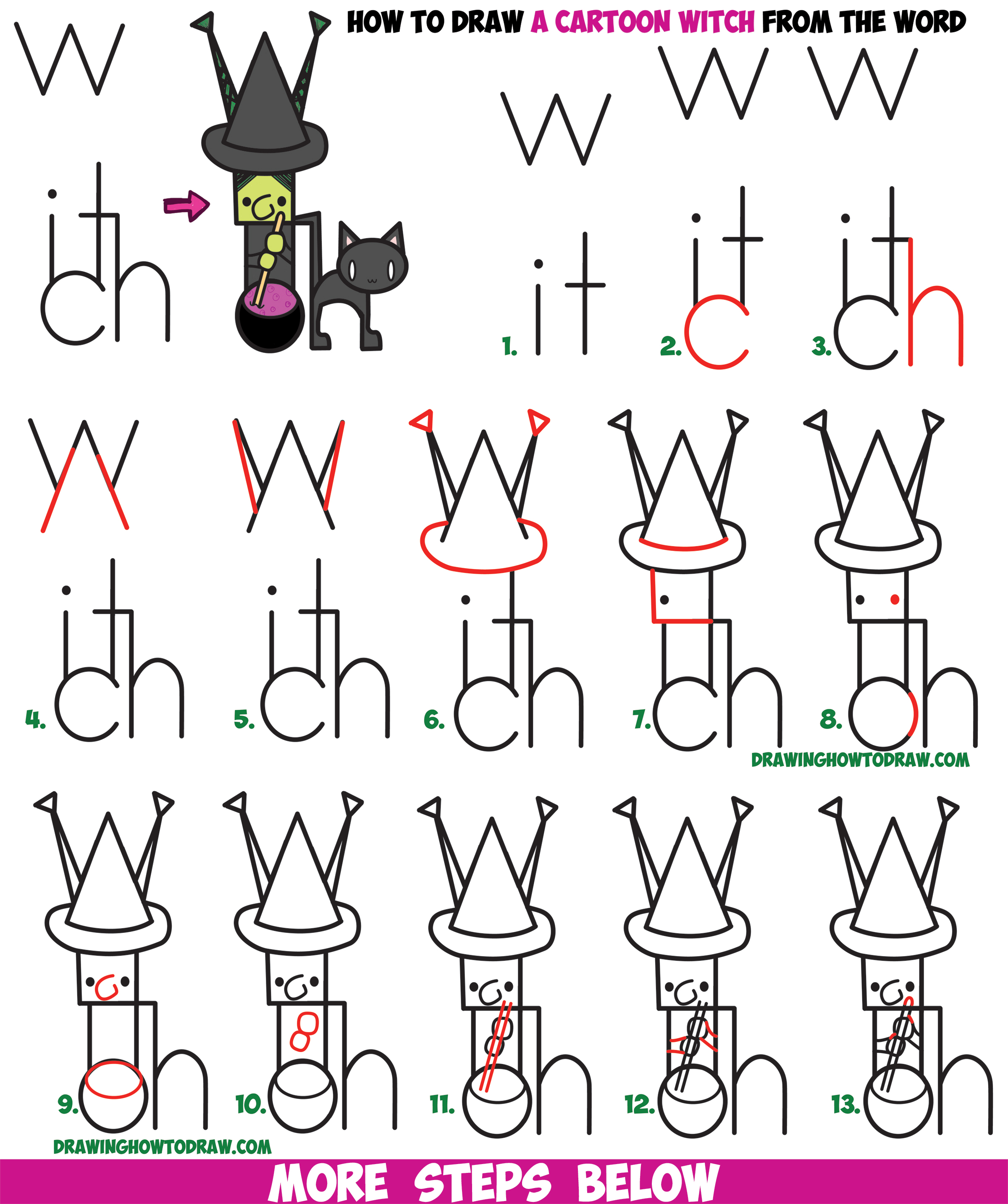 How to Draw Cartoon Witch and Black Cat Word Toons Easy Step by Step Drawing Tutorial for Kids