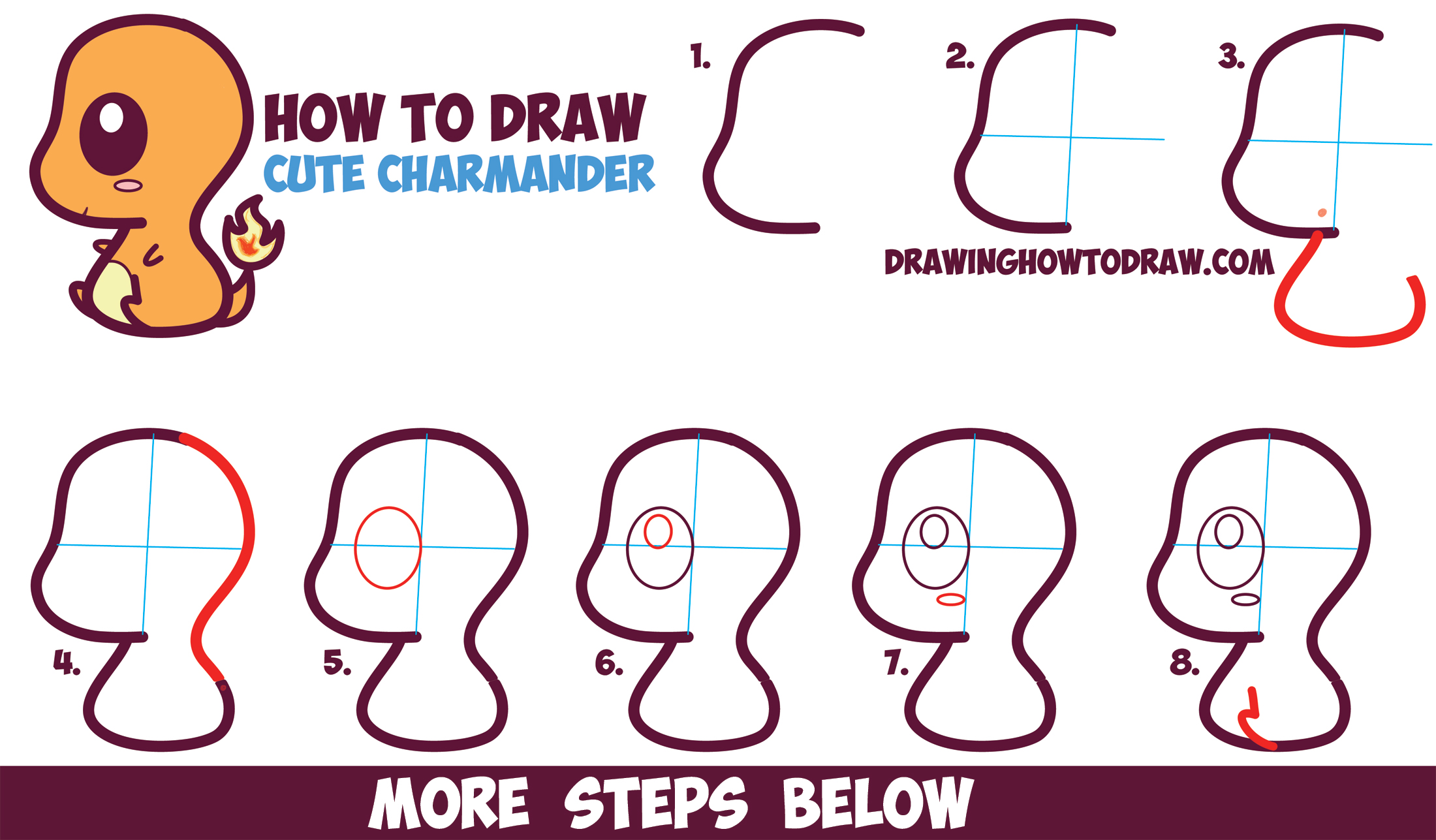How to Draw Cute / Kawaii / Chibi Charmander from Pokemon in Easy Step by Step Drawing Tutorial for Kids and Beginners