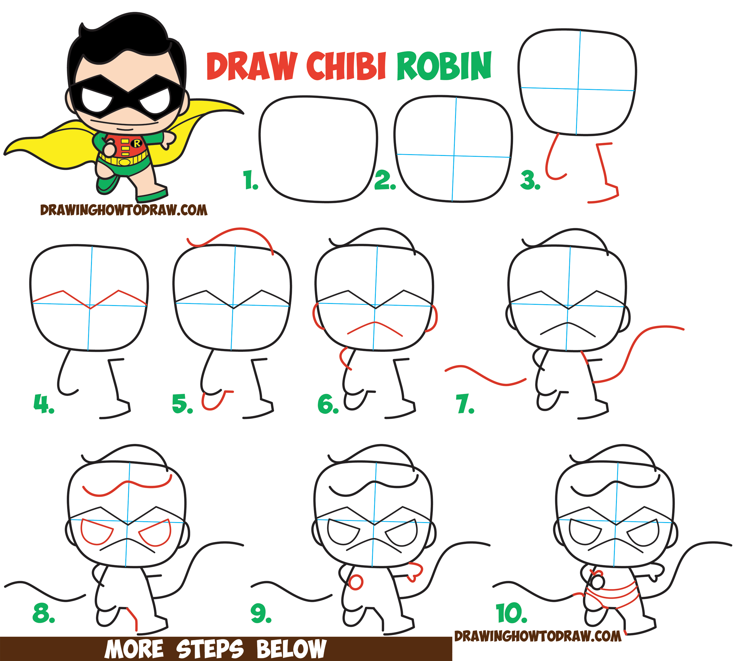 How to Draw Cute / Kawaii / Chibi Robin from DC Comics' Batman & Robin in Easy Steps Drawing Lesson for Kids