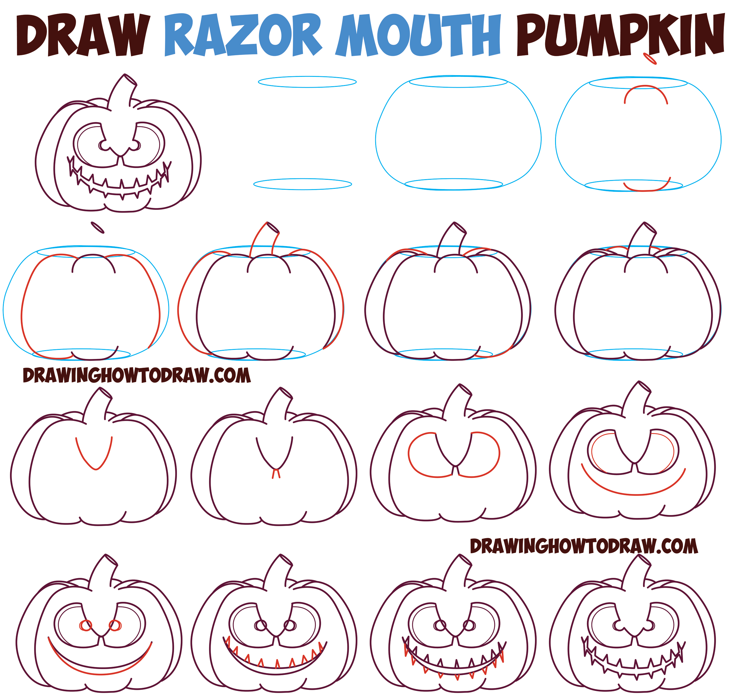 How to Draw Cartoon Pumpkin / Jack O'Lantern : Razor Mouth / Cut Mouth Evil Scary Creepy Pumpkin
